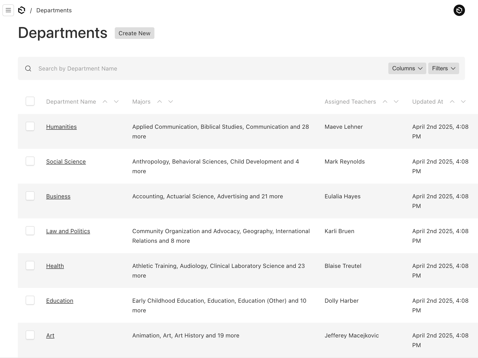 Shows a table list of school departments in Payload Admin UI