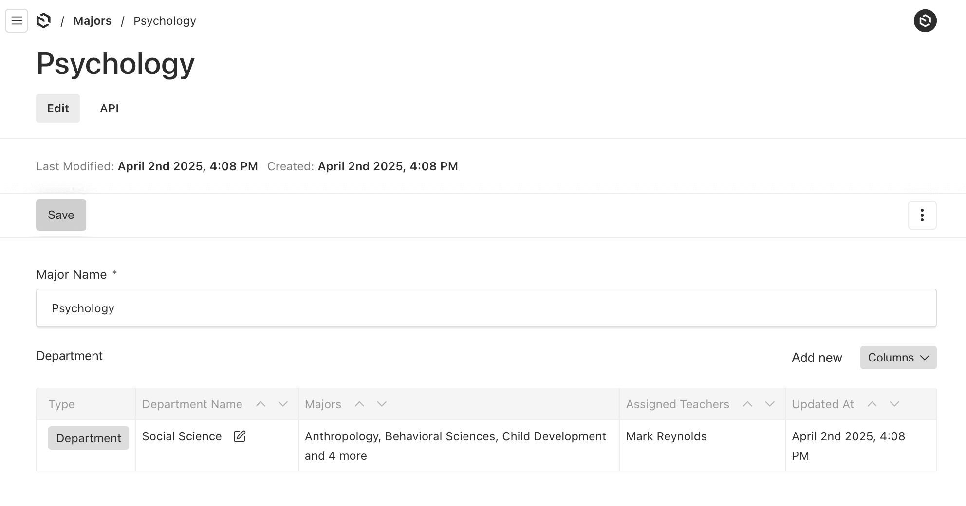 Shows a school major collection edit form in Payload Admin UI