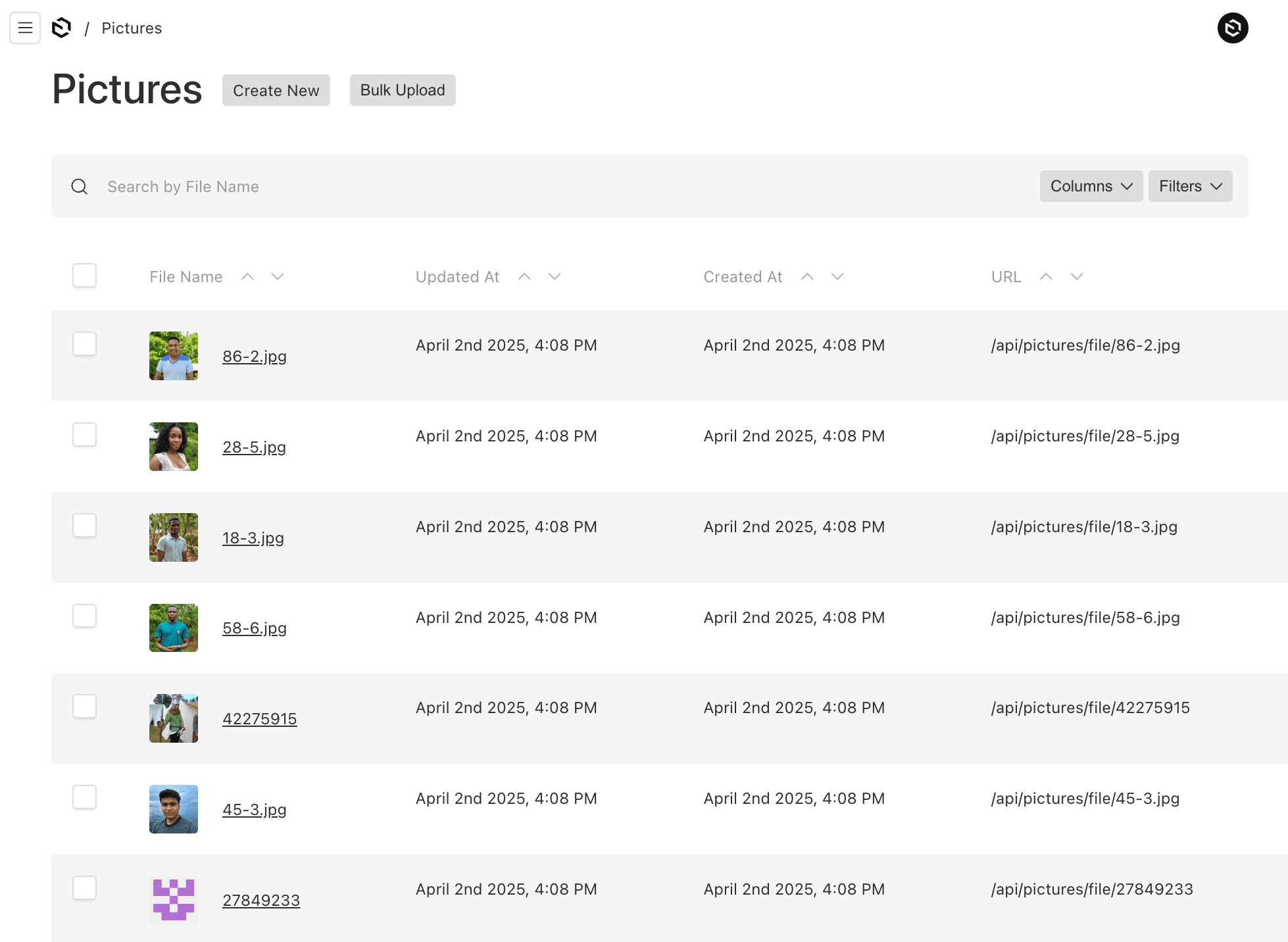 Shows a table list of student and teacher picture uploads in Payload Admin UI