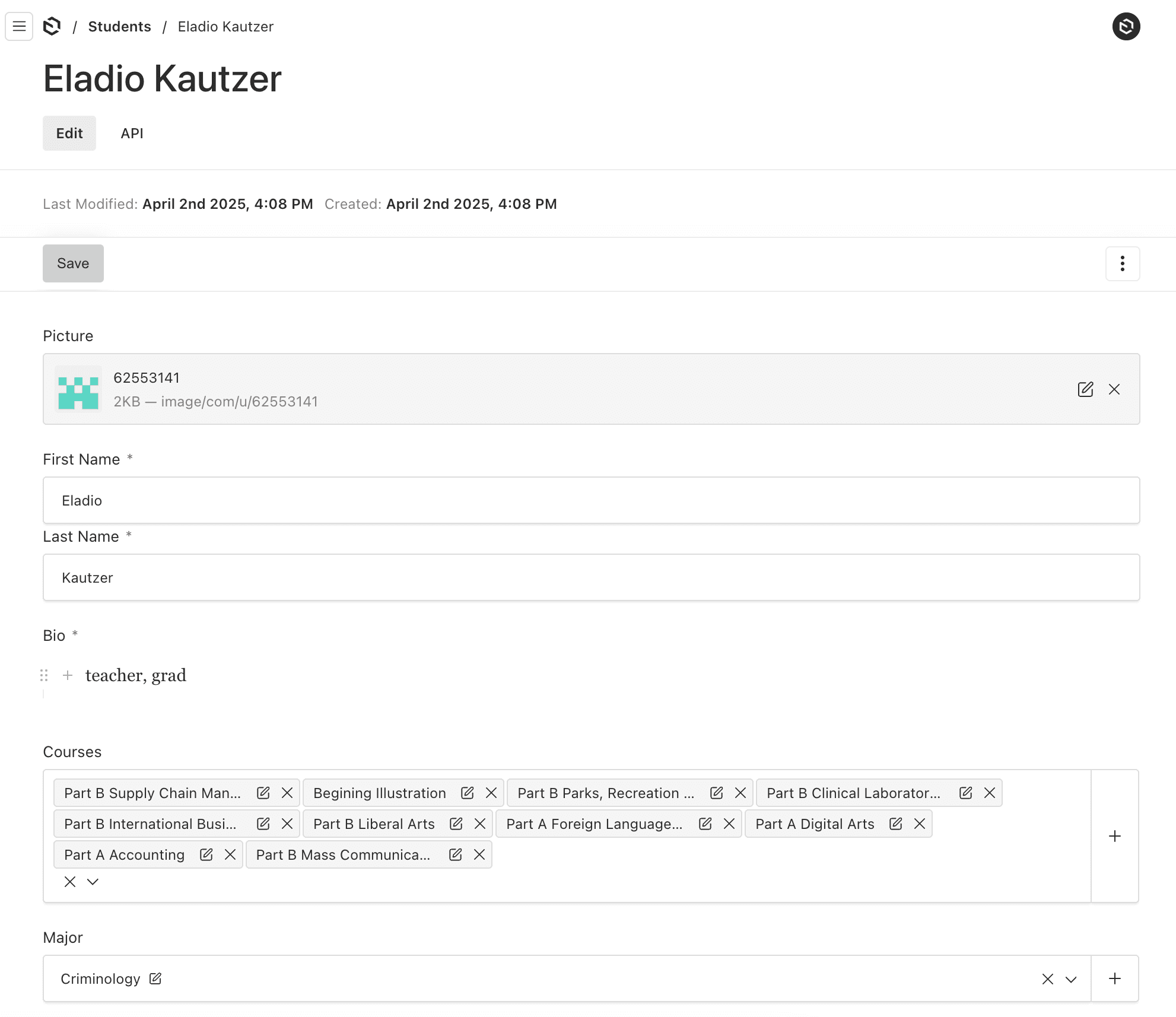 Shows a student collection edit form in Payload Admin UI