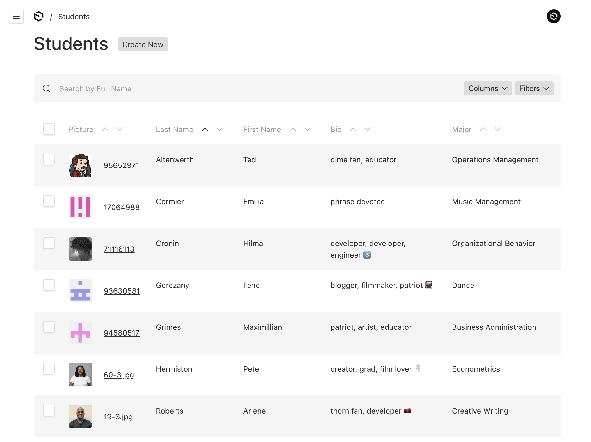 Shows a table list of registered students in Payload Admin UI
