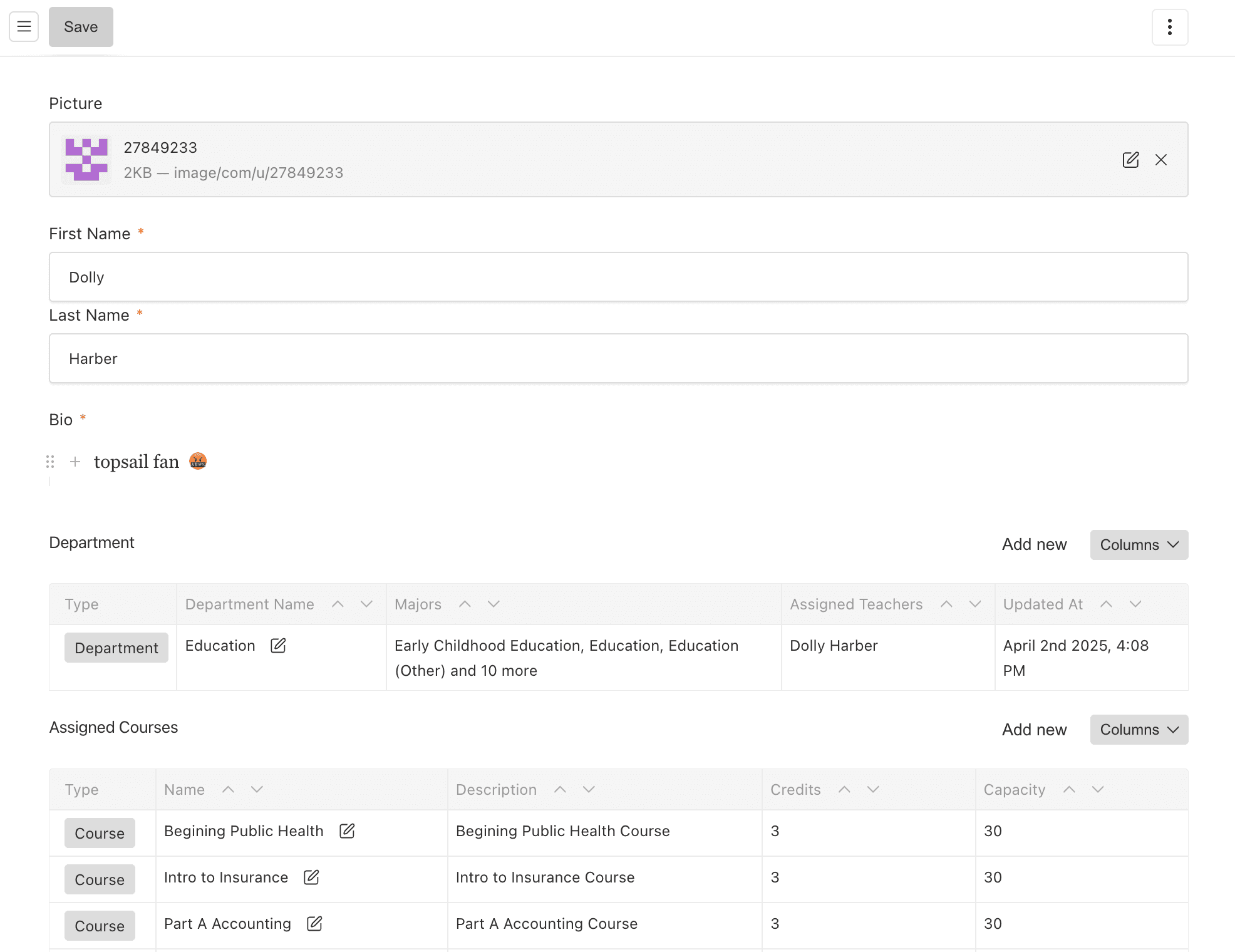 Shows a teacher collection edit form in Payload Admin UI