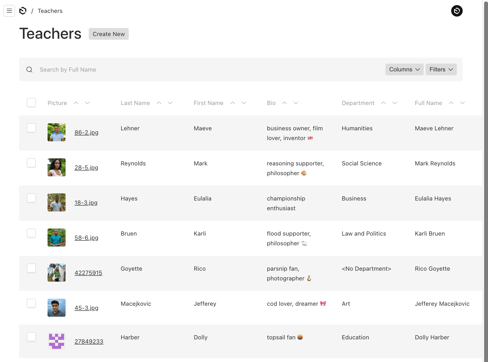 Shows a table list of registered teachers in Payload Admin UI