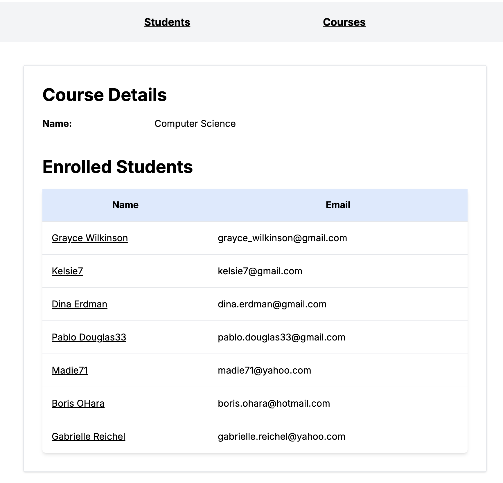Shows course details with a bottom table listing enrolled students in the course.