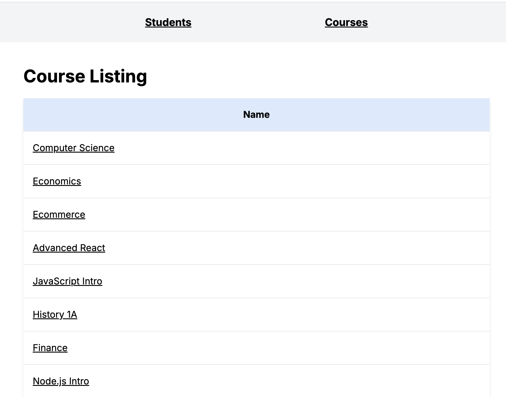 Shows a table listing for all of the available courses in the database.