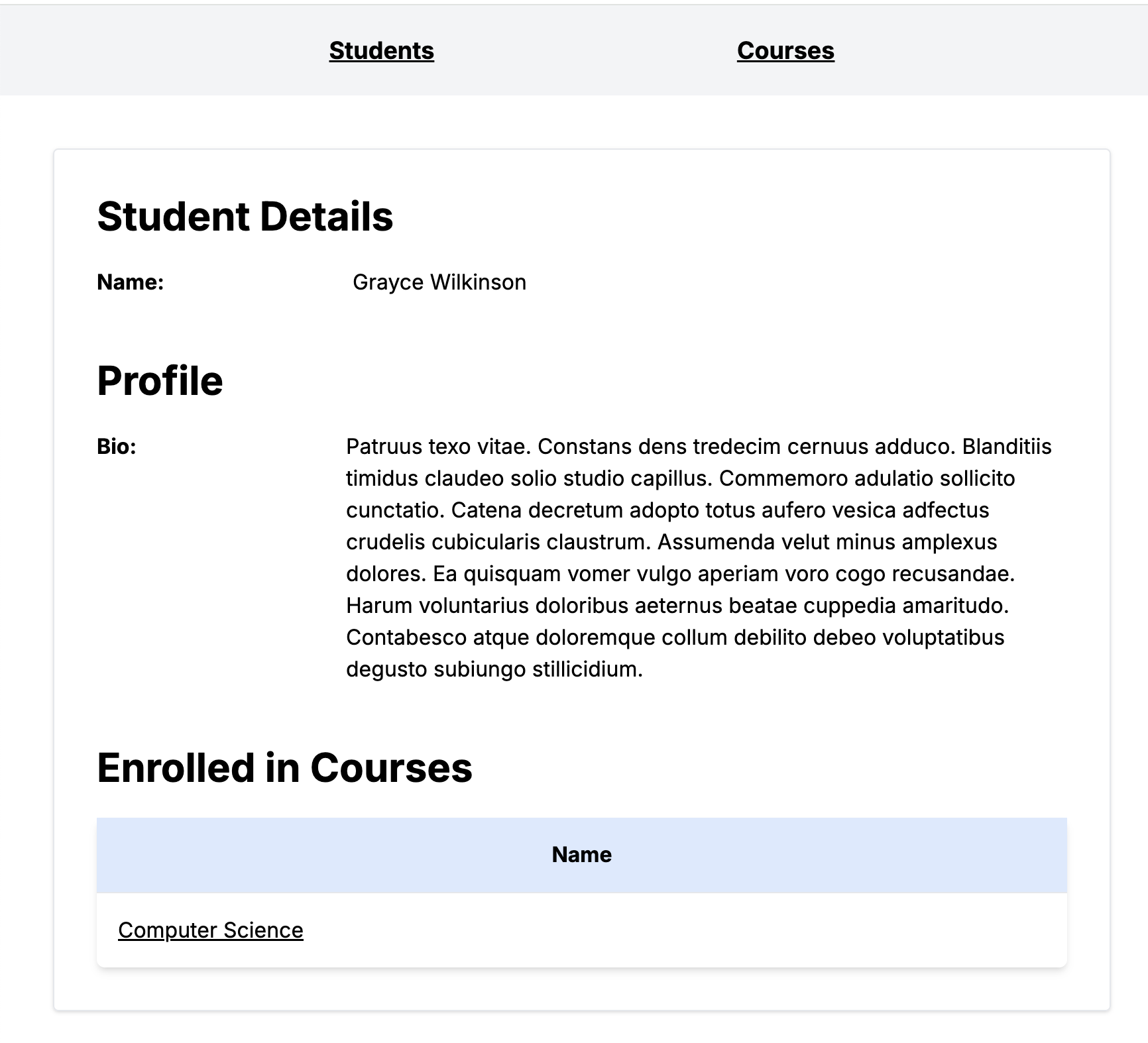 Shows student details with a bottom table listing enrolled course for student.