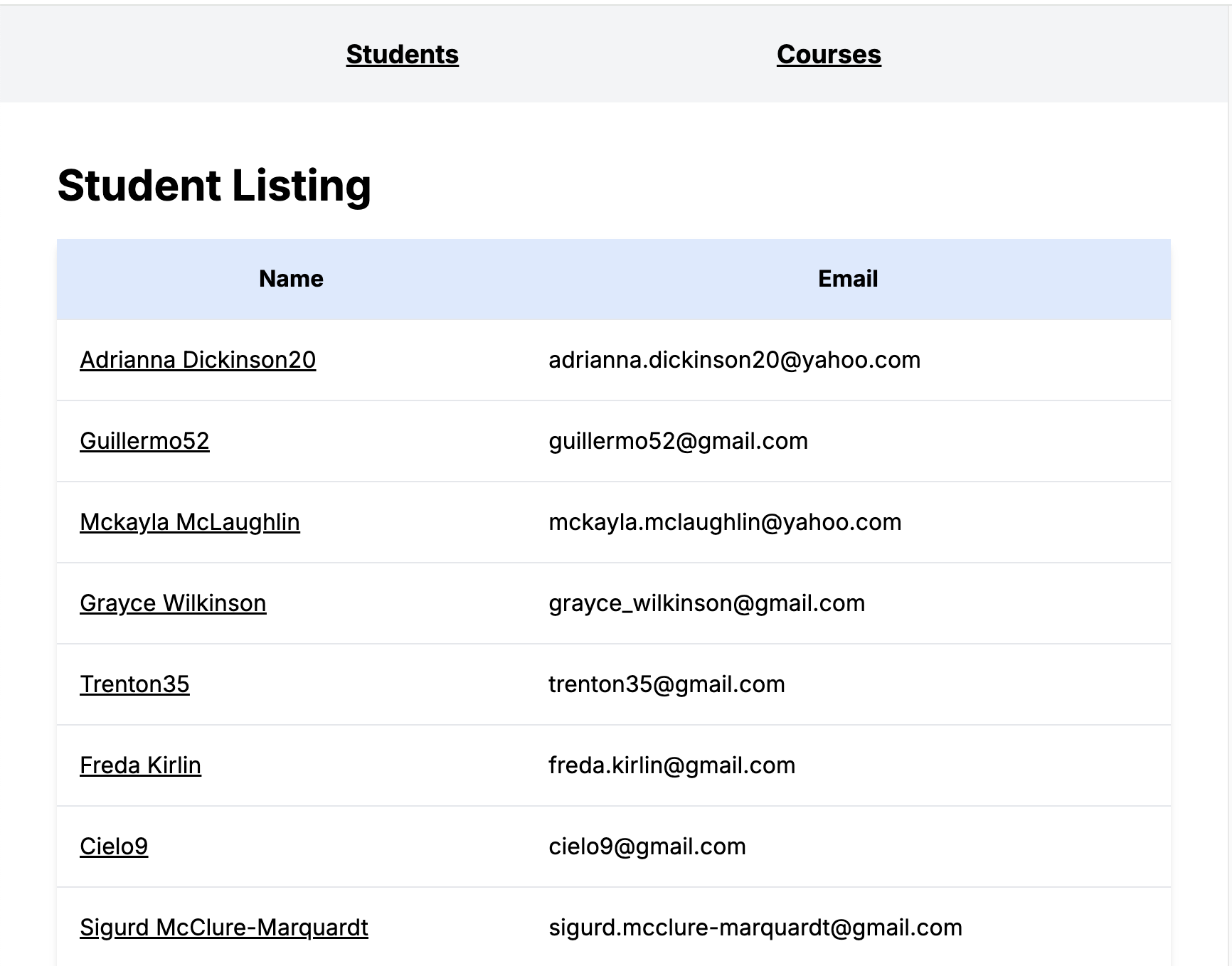 Shows a table listing for all of the available students in the database.