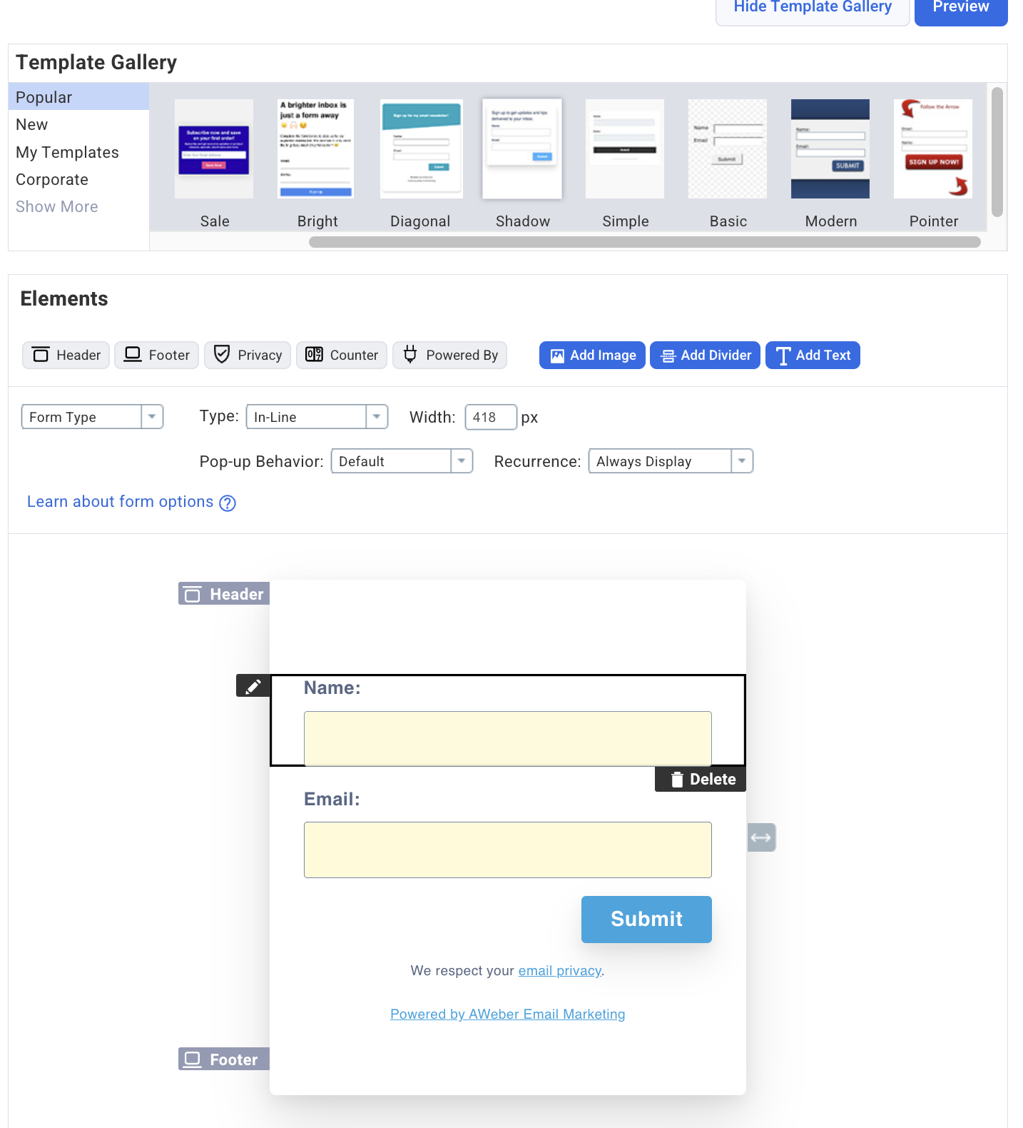 Shows a visual builder UI interface allowing you to edit the opt-in form settings and HTML form fields.