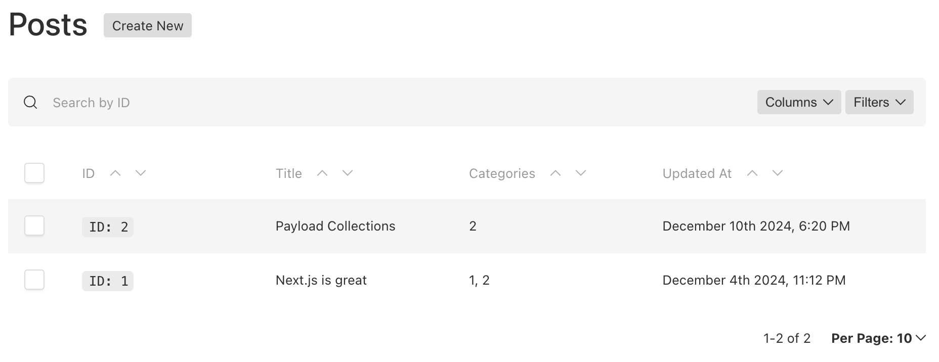 Shows an admin page listing of posts with category two-way join column references