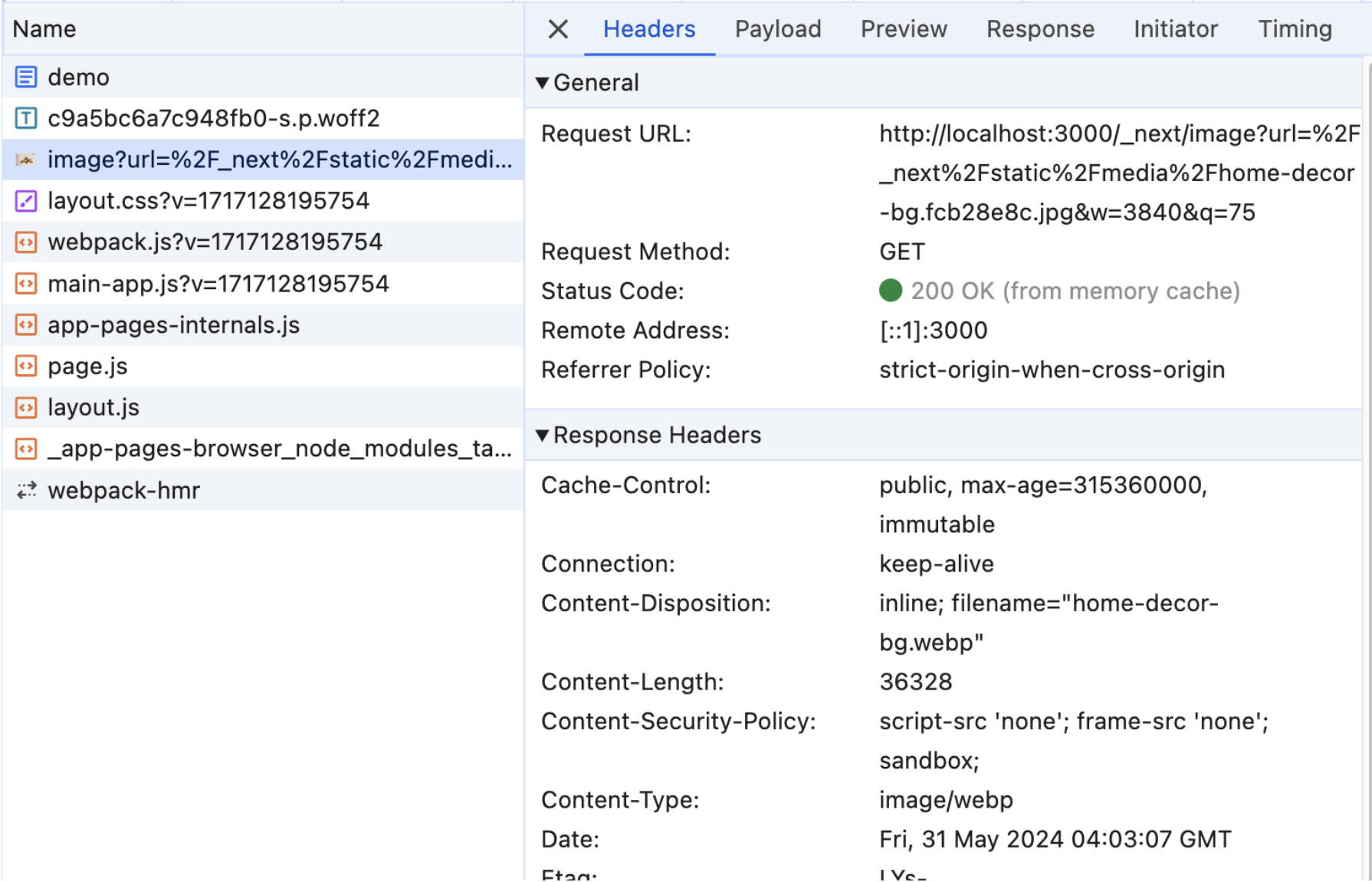 Image of Chrome inspector network tab showing performance benefits of using Next.js Image component