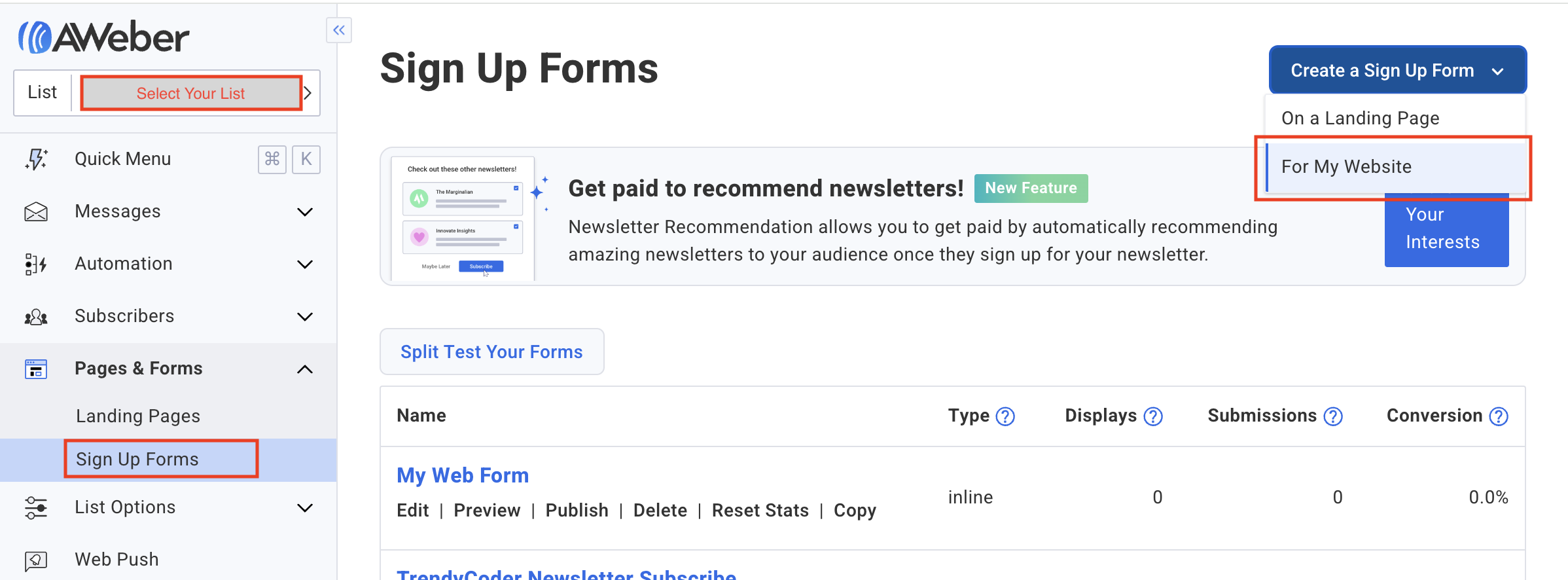 Left side navigation menu showing a link to 'Sign Up Forms' and when clicked shows a right side drop down button menu entitled 'Create a Sign Up Form' with options for a 'landing page' or 'for a website'