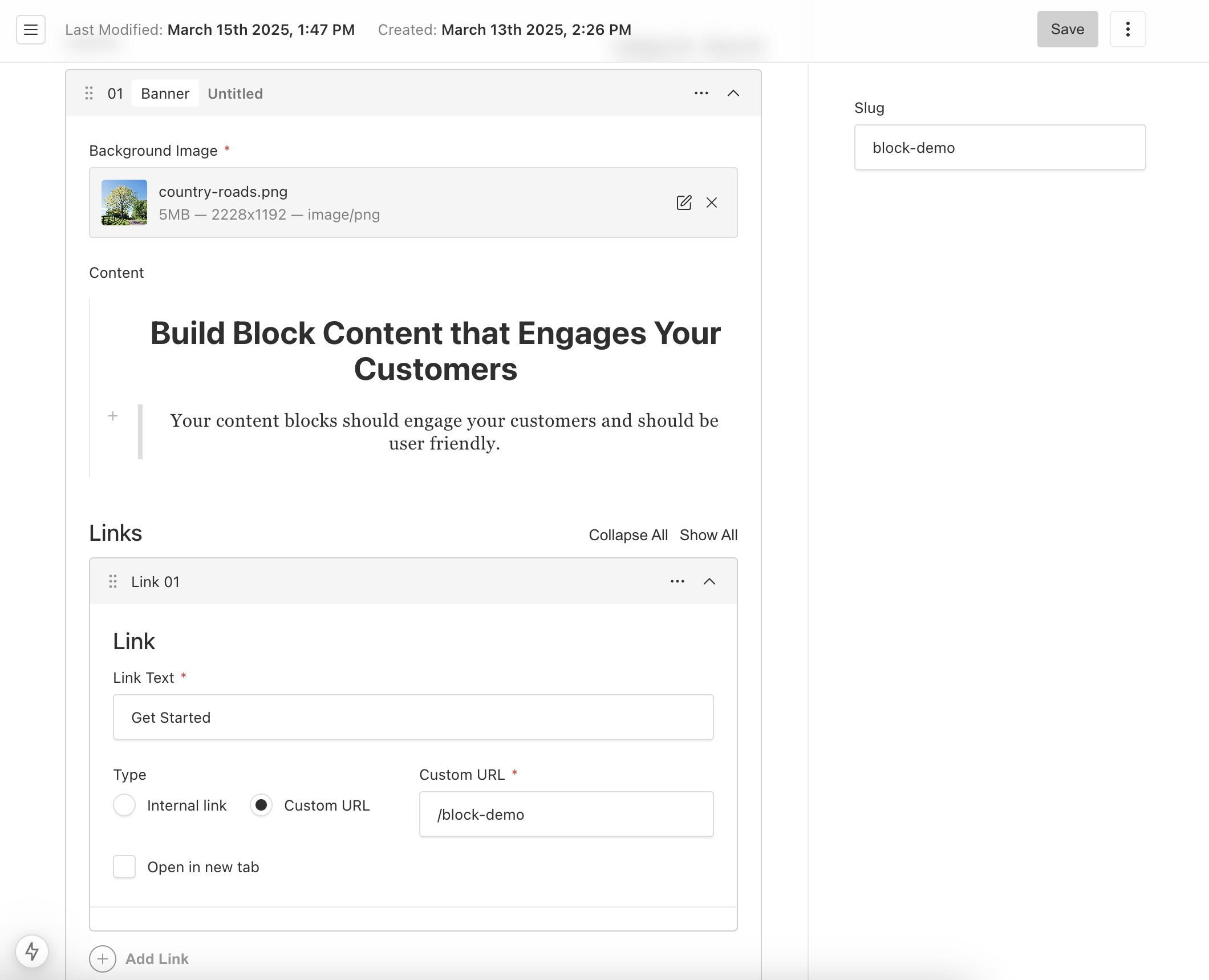 Shows a Payload CMS block layout Banner field type with a selected image,sample rich text and one CTA link.