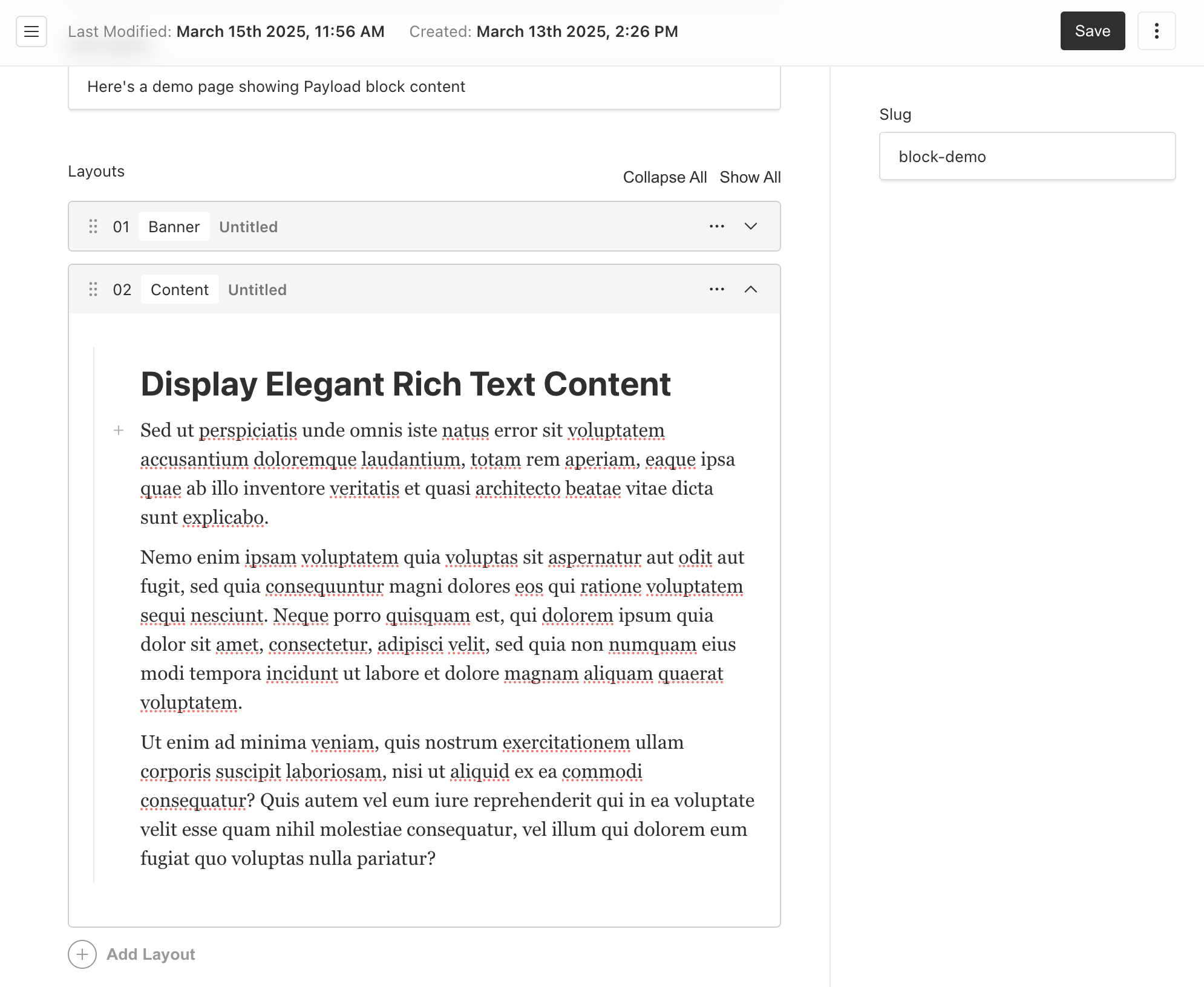 Shows a Payload CMS block layout Content field type with a lexical rich text editor