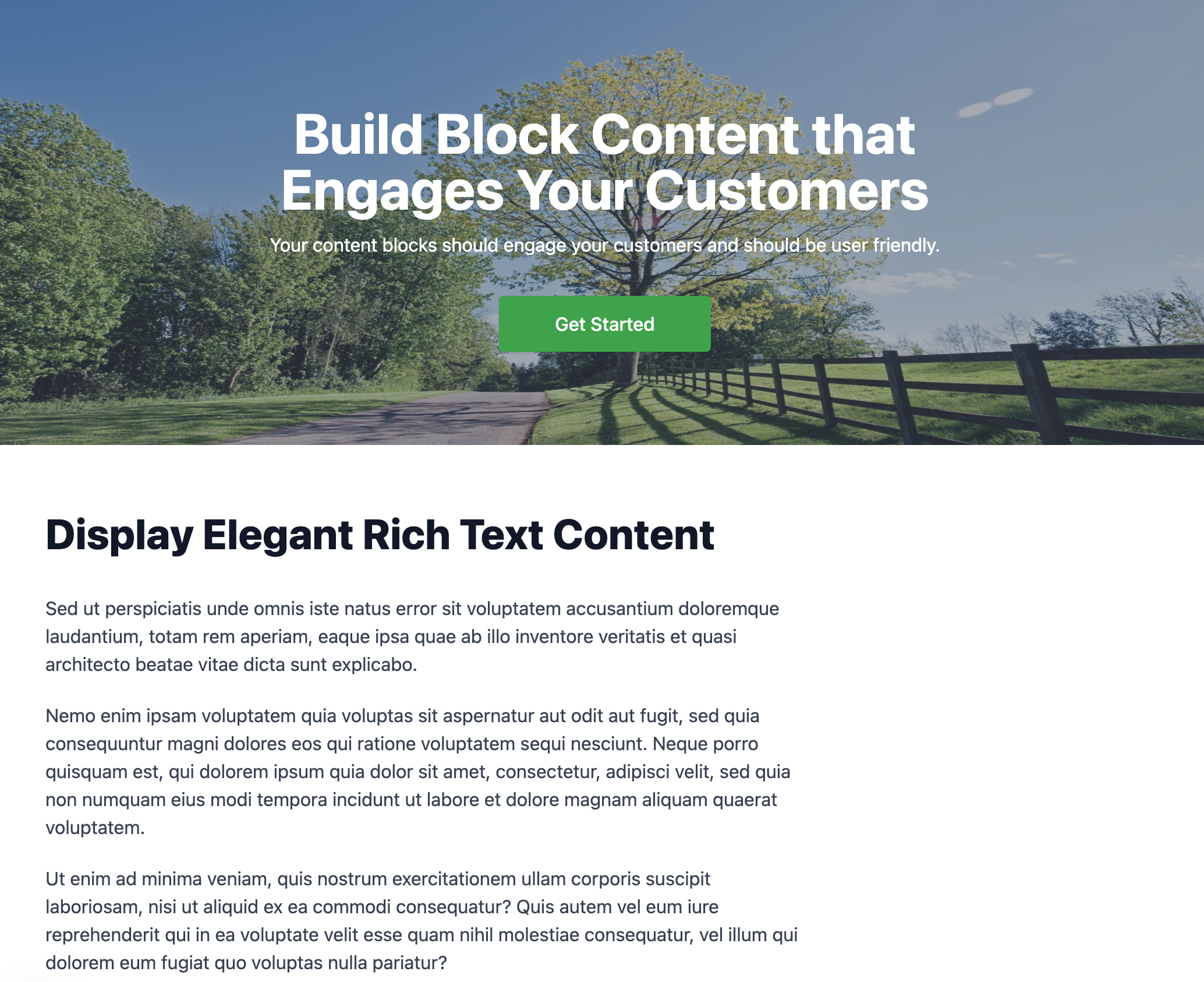 Shows a web page with two Payload layout blocks that have been fully rendered as HTML using React components.
