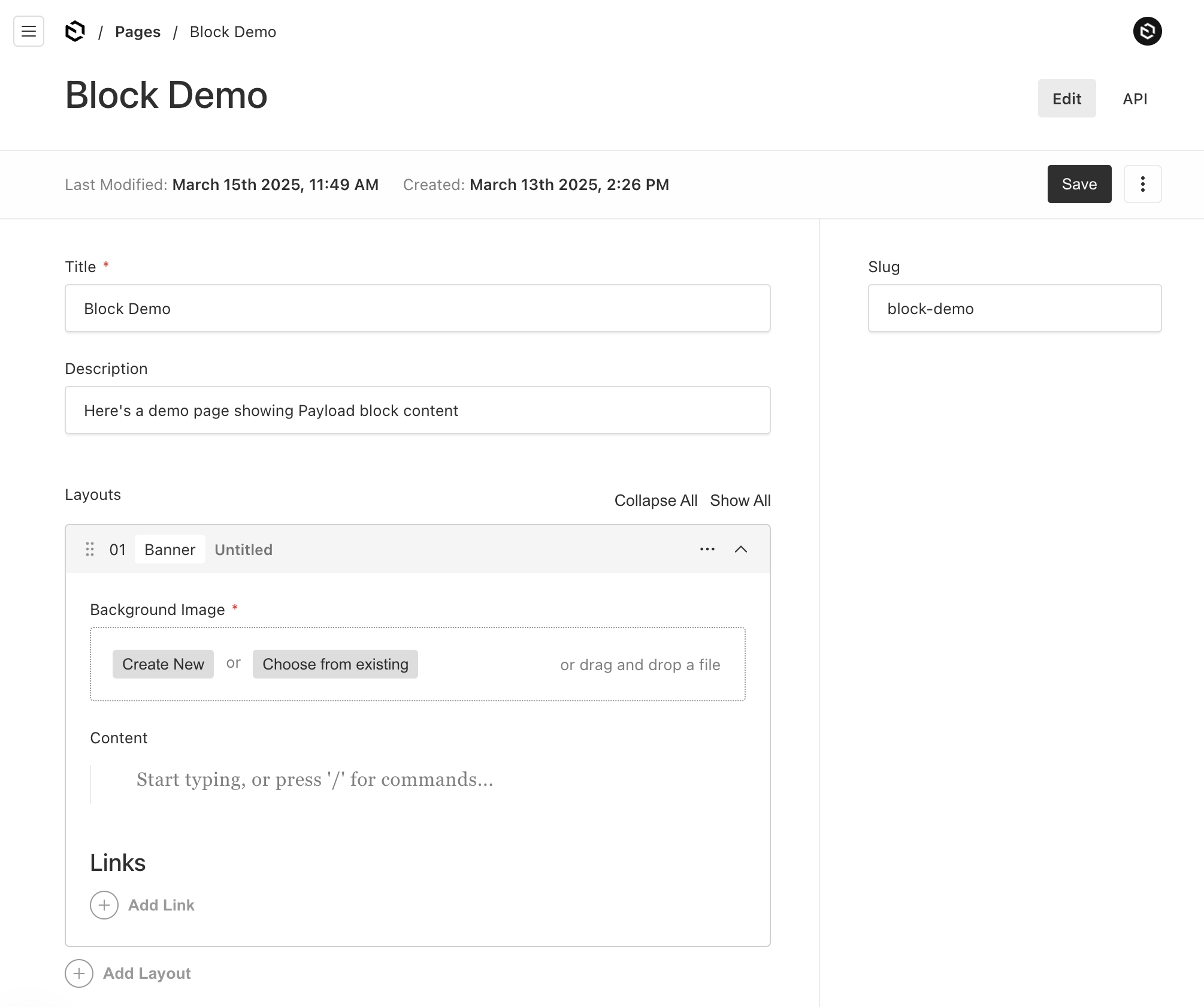 Payload CMS Collection Admin UI form after selecting a banner content type and shows a media upload form element to select the background image.