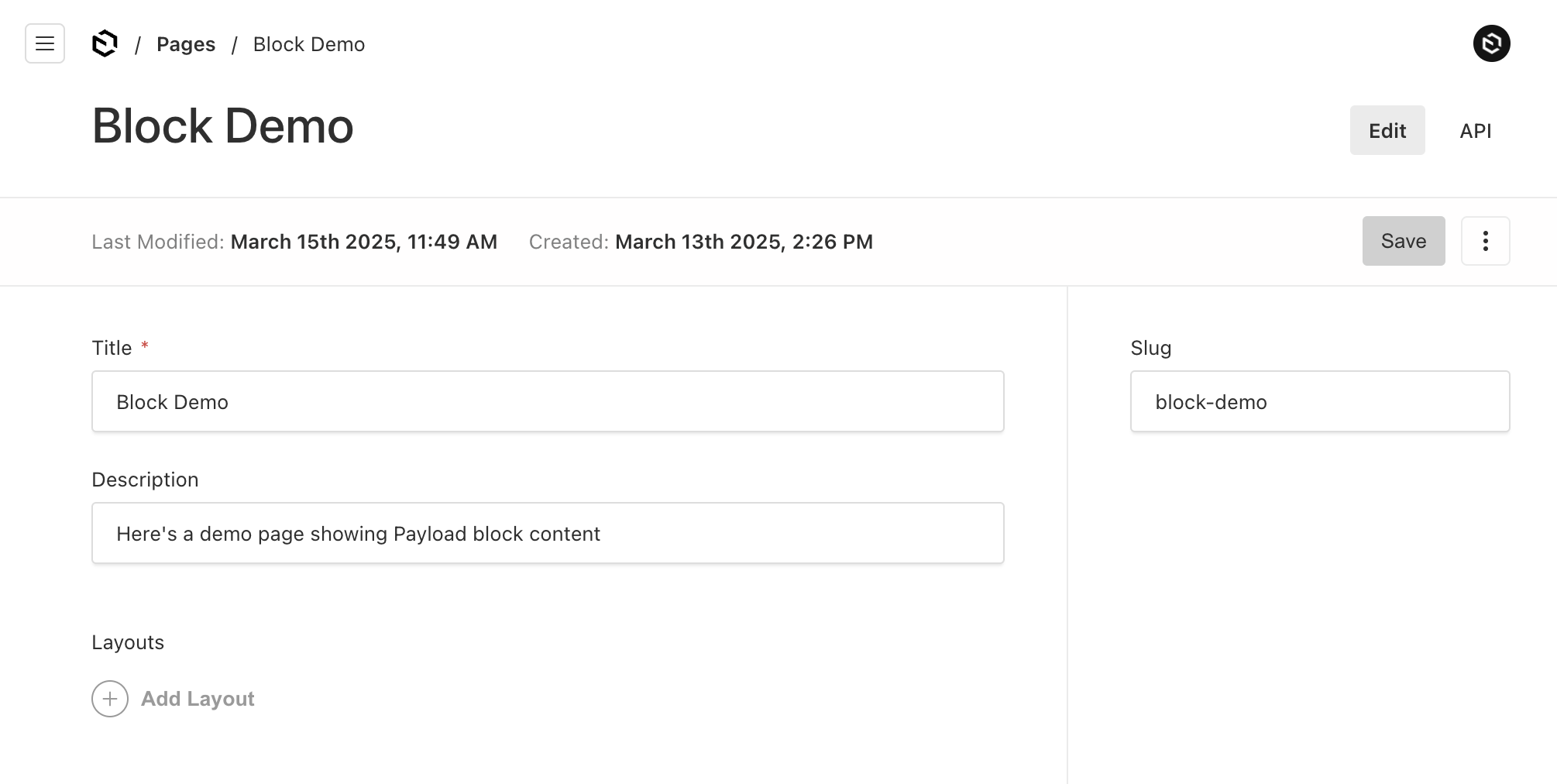 Payload admin UI showing a create new page Collection document.