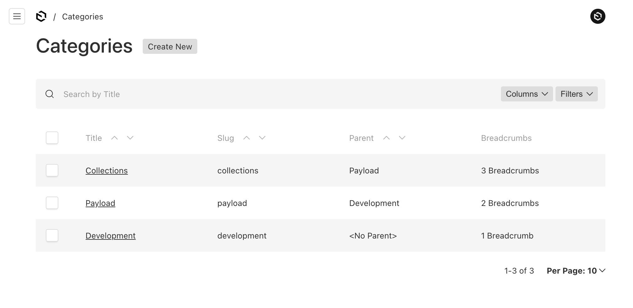 Shows a categories table list in Admin UI