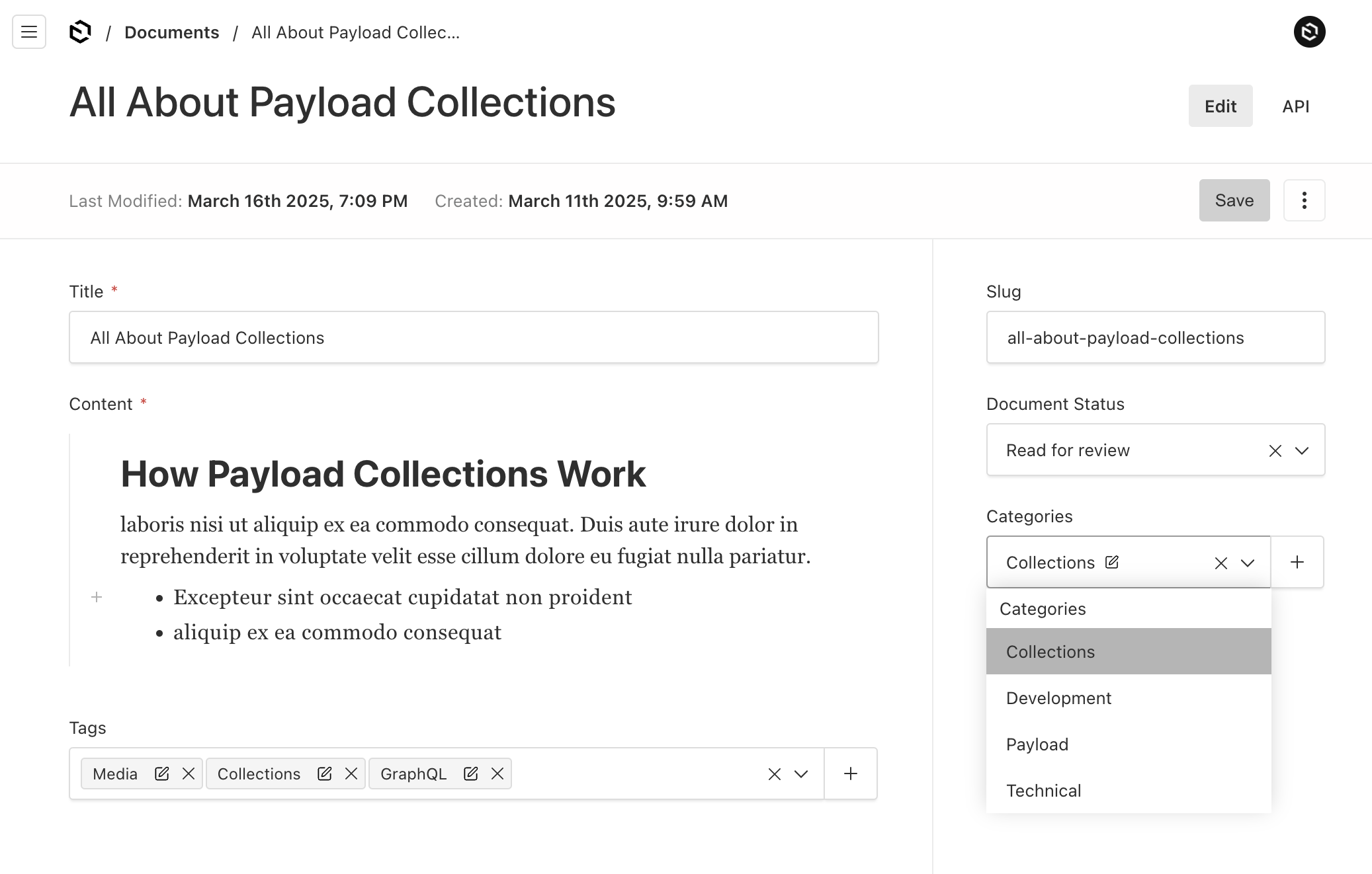 Shows Payload document collection form in Admin UI