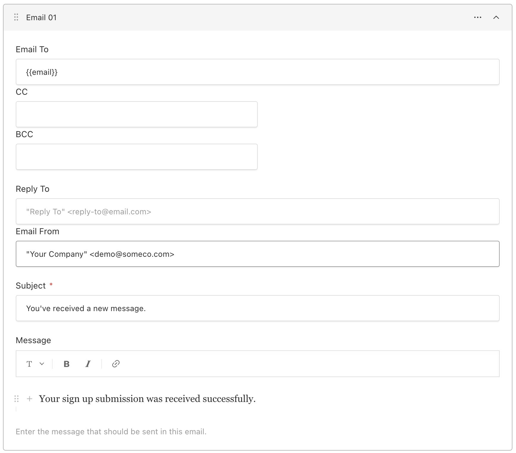 shows an email form using placeholder vars with double curly braces and a message body.