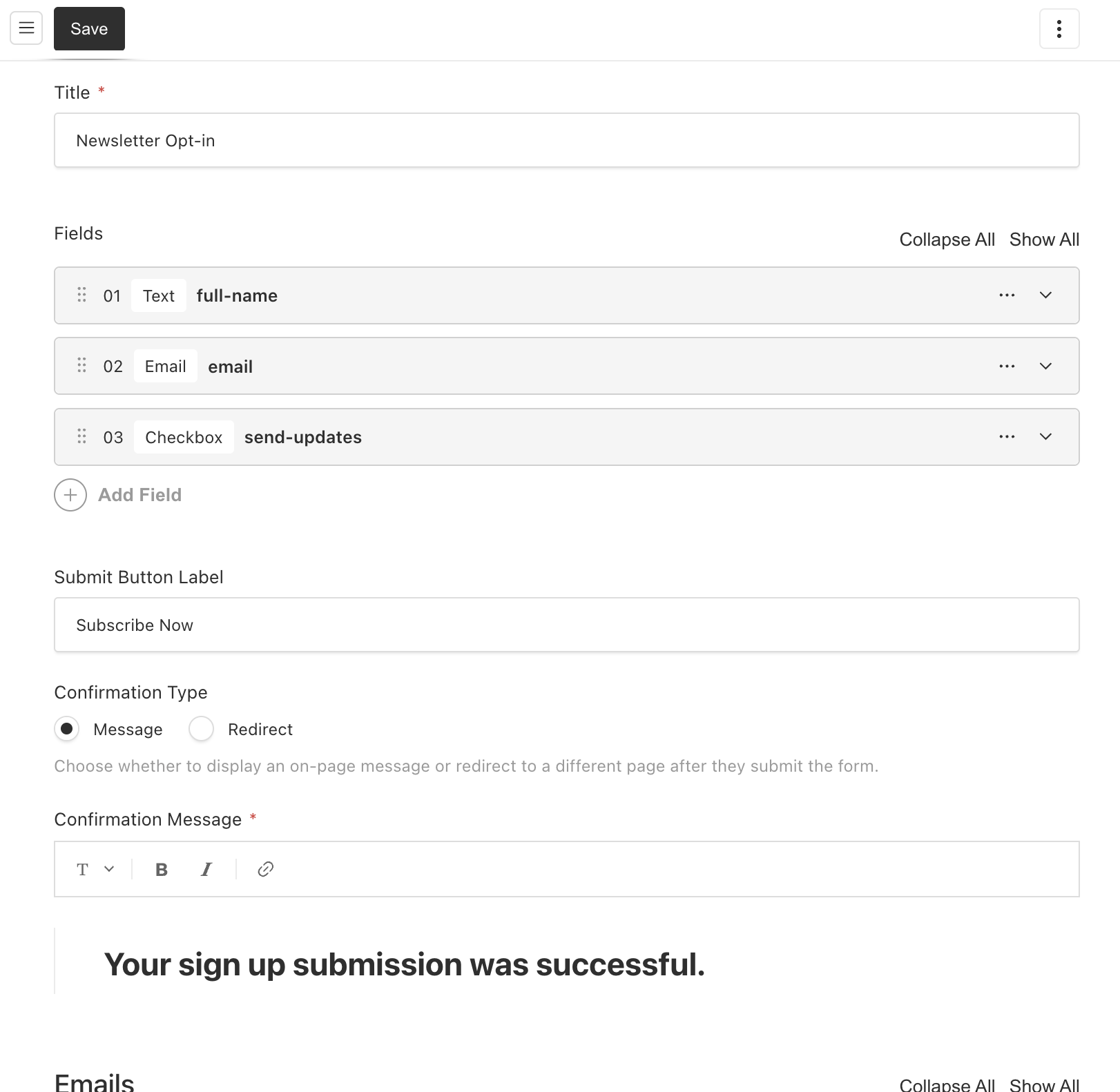 Shows a create new payload cms form in the admin section.