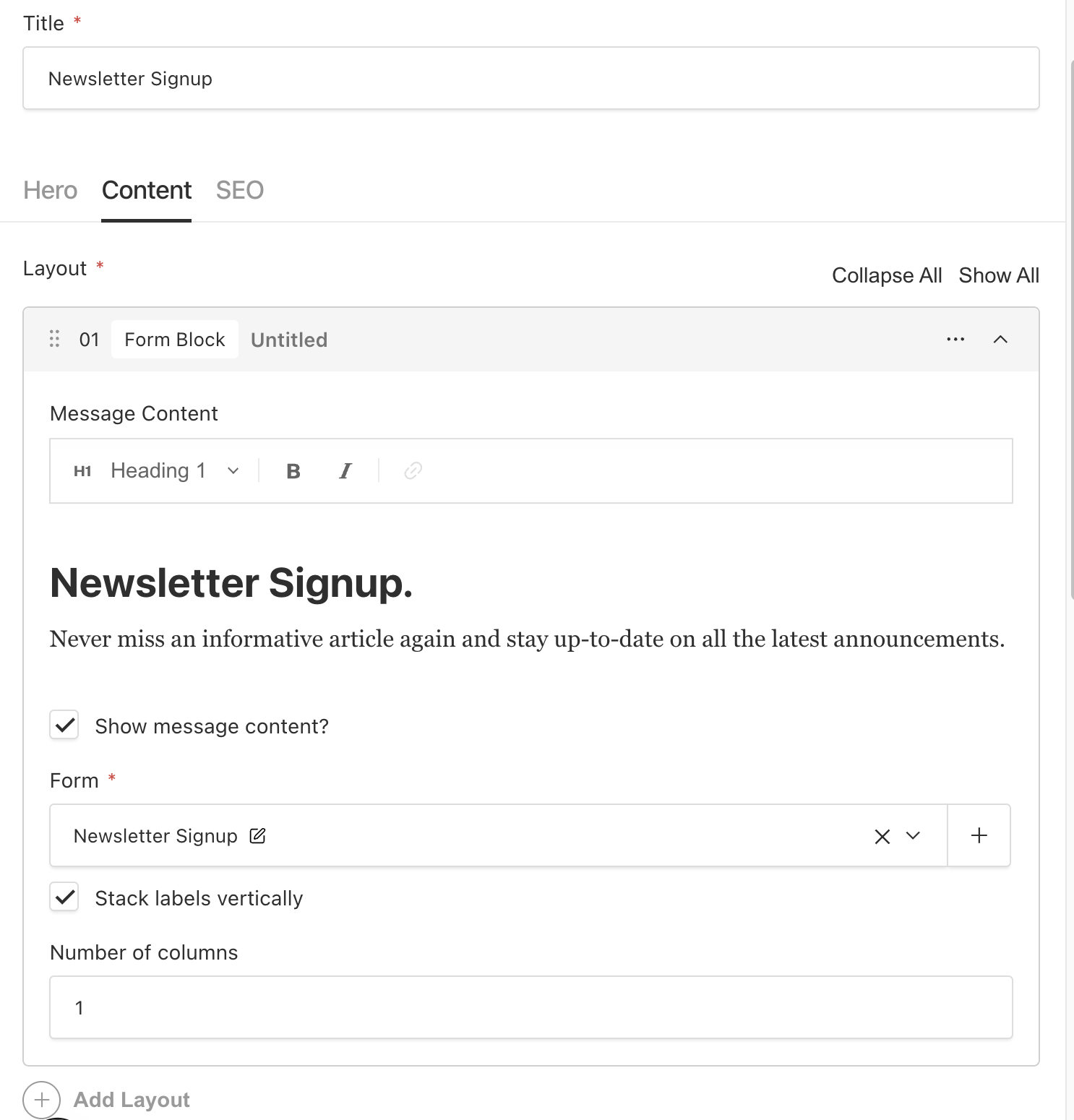 Shows how to add a new payload cms form instance layout block
