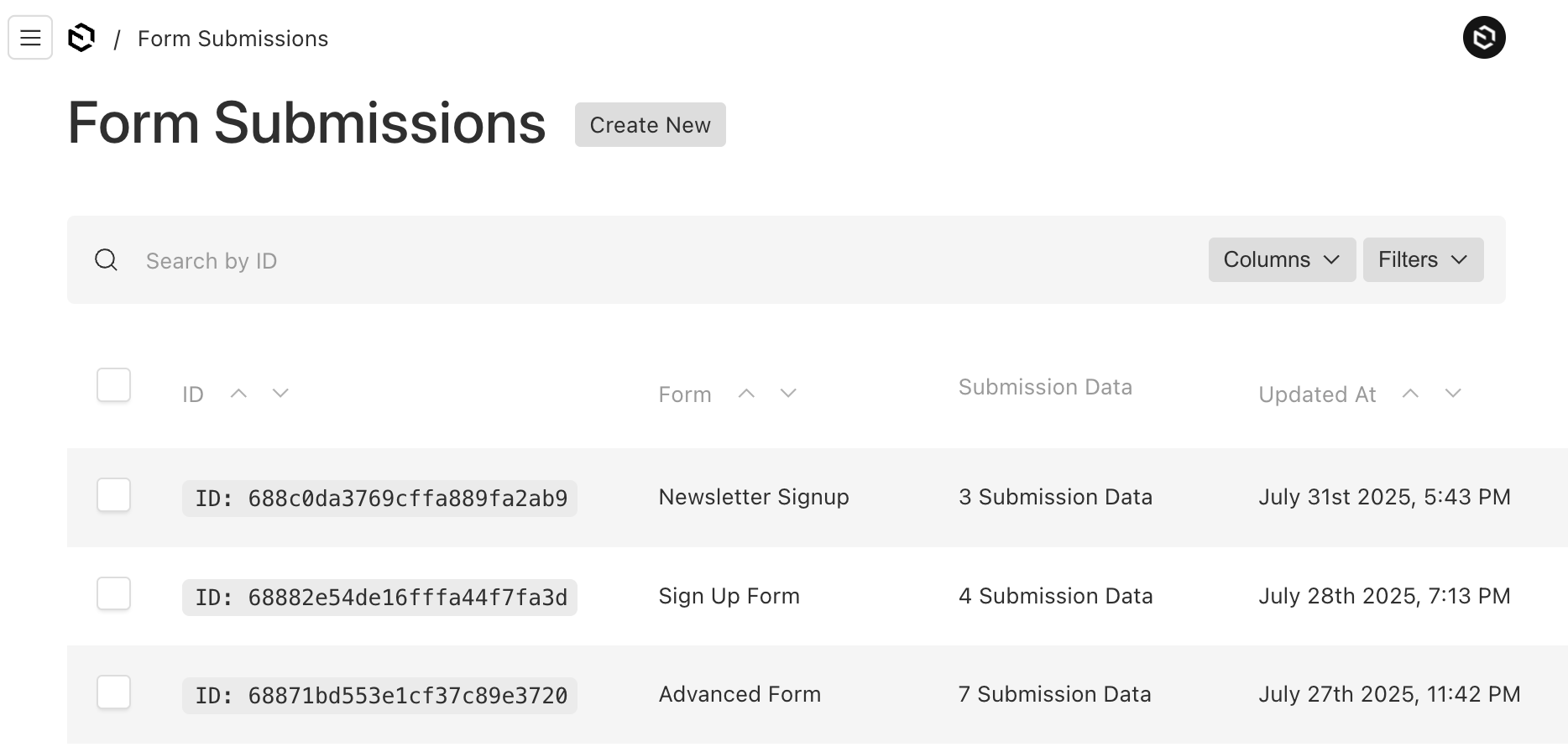 shows the form-submissions admin page was submitted and received successfully