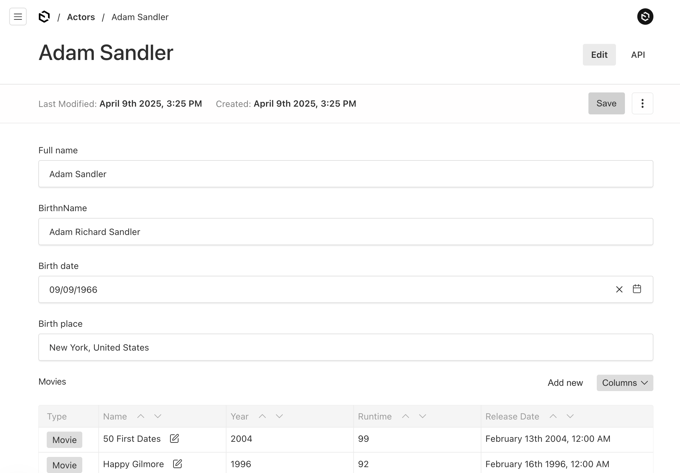 Shows an admin page listing movies with an actor collection join field
