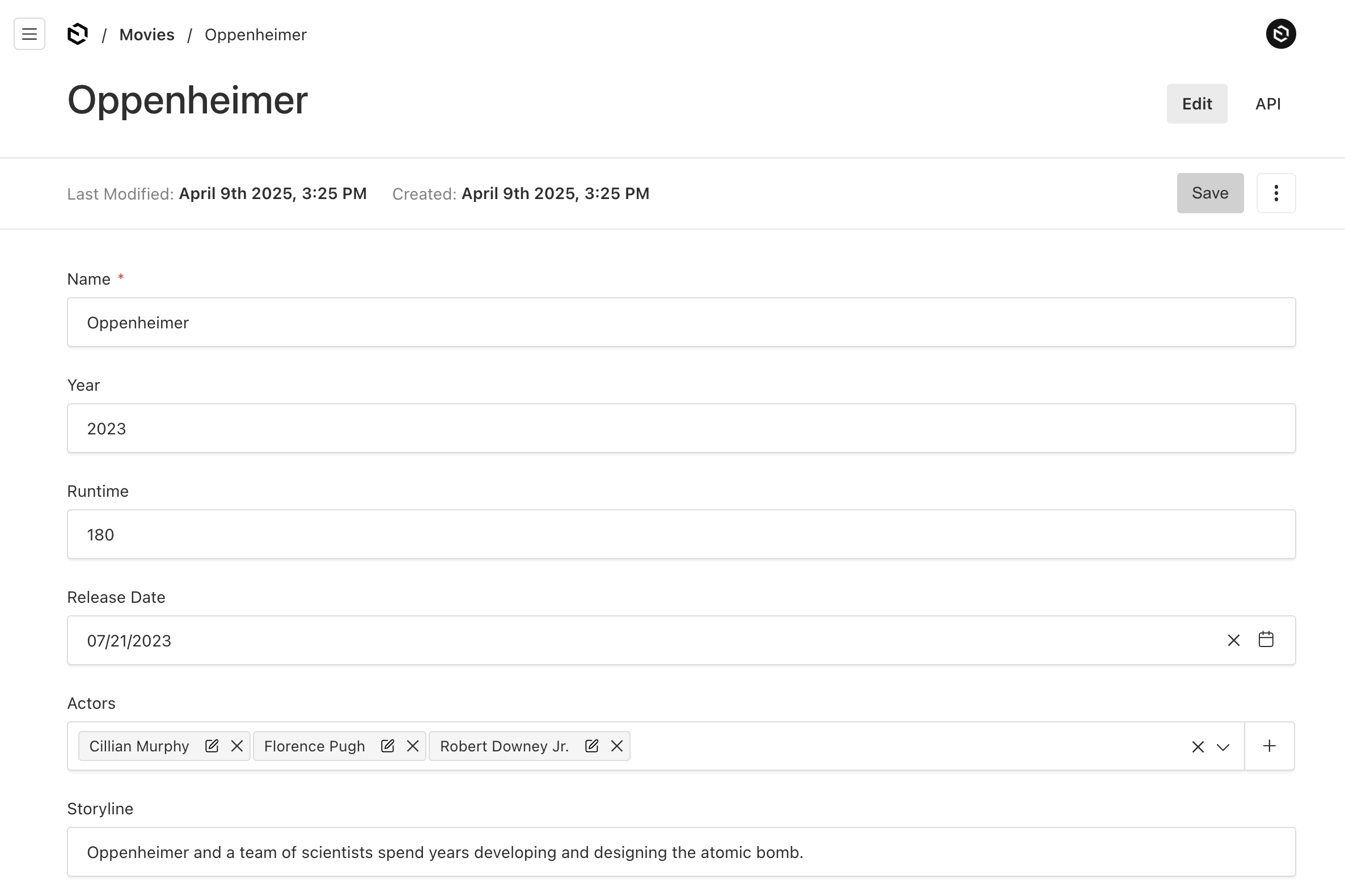 Shows an admin page listing actors