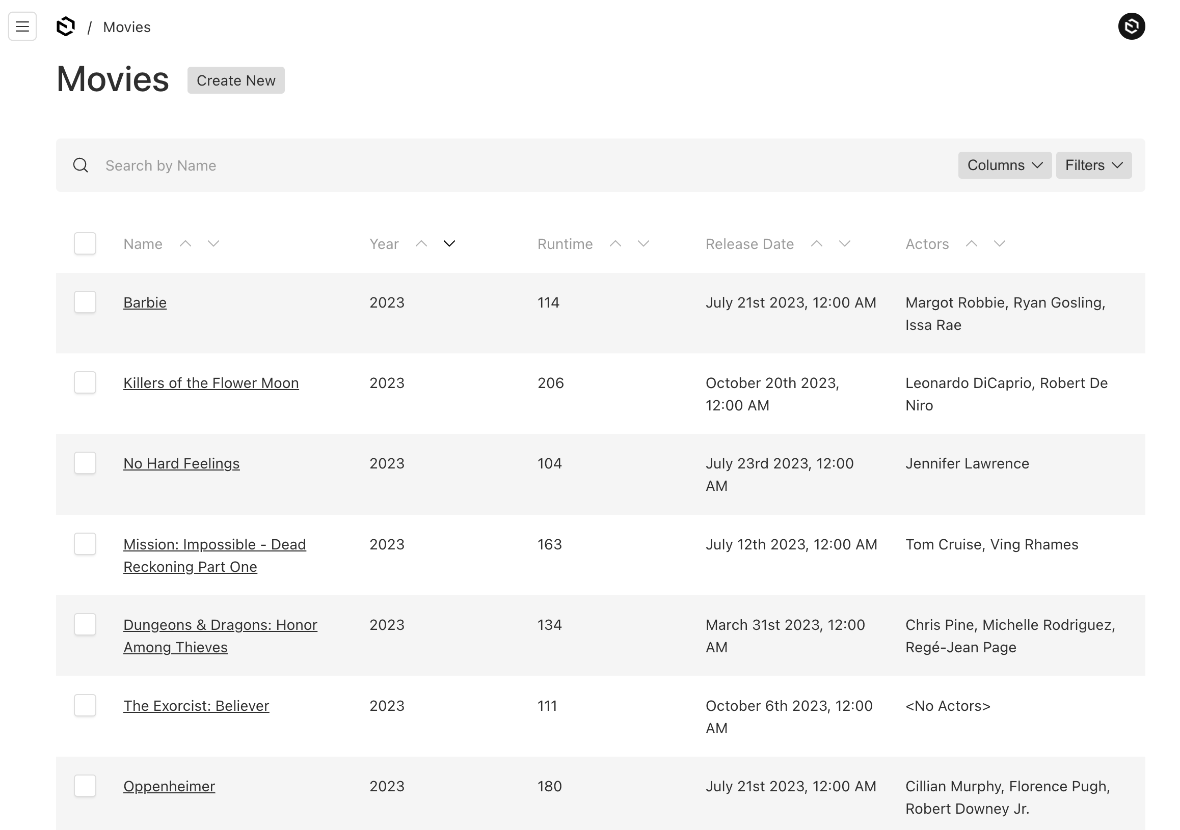 Shows an admin page listing movies