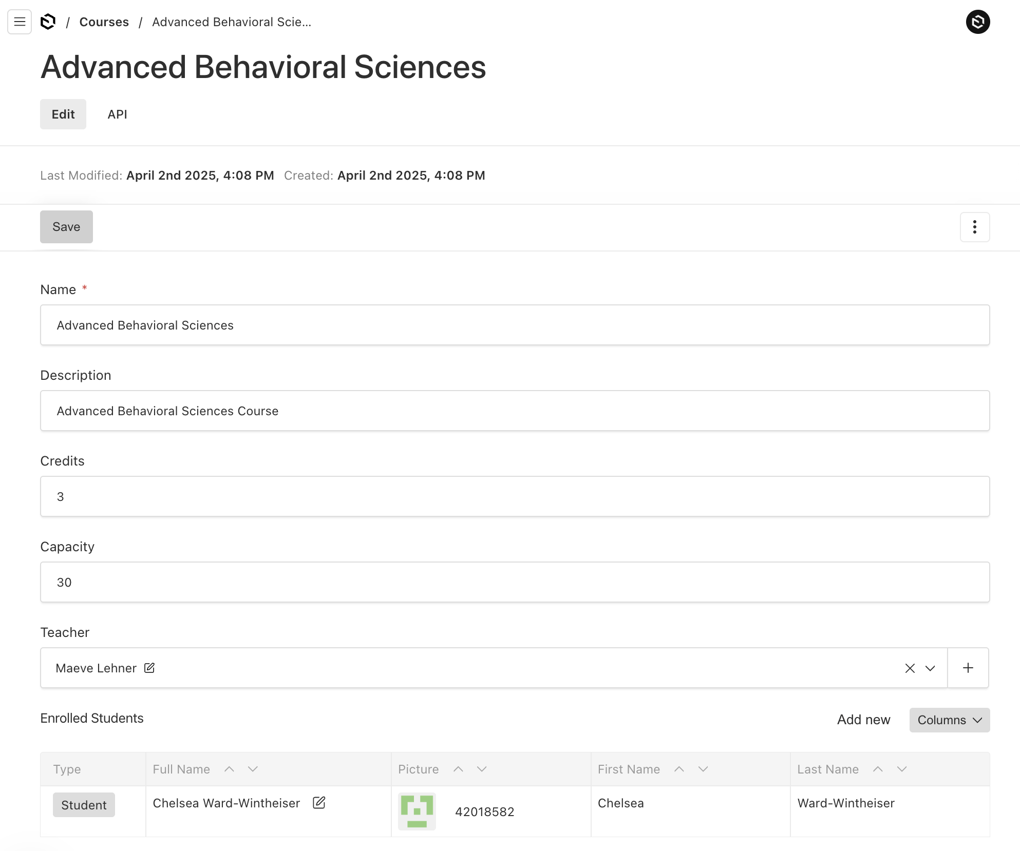 Shows a courses collection edit form in Payload Admin UI