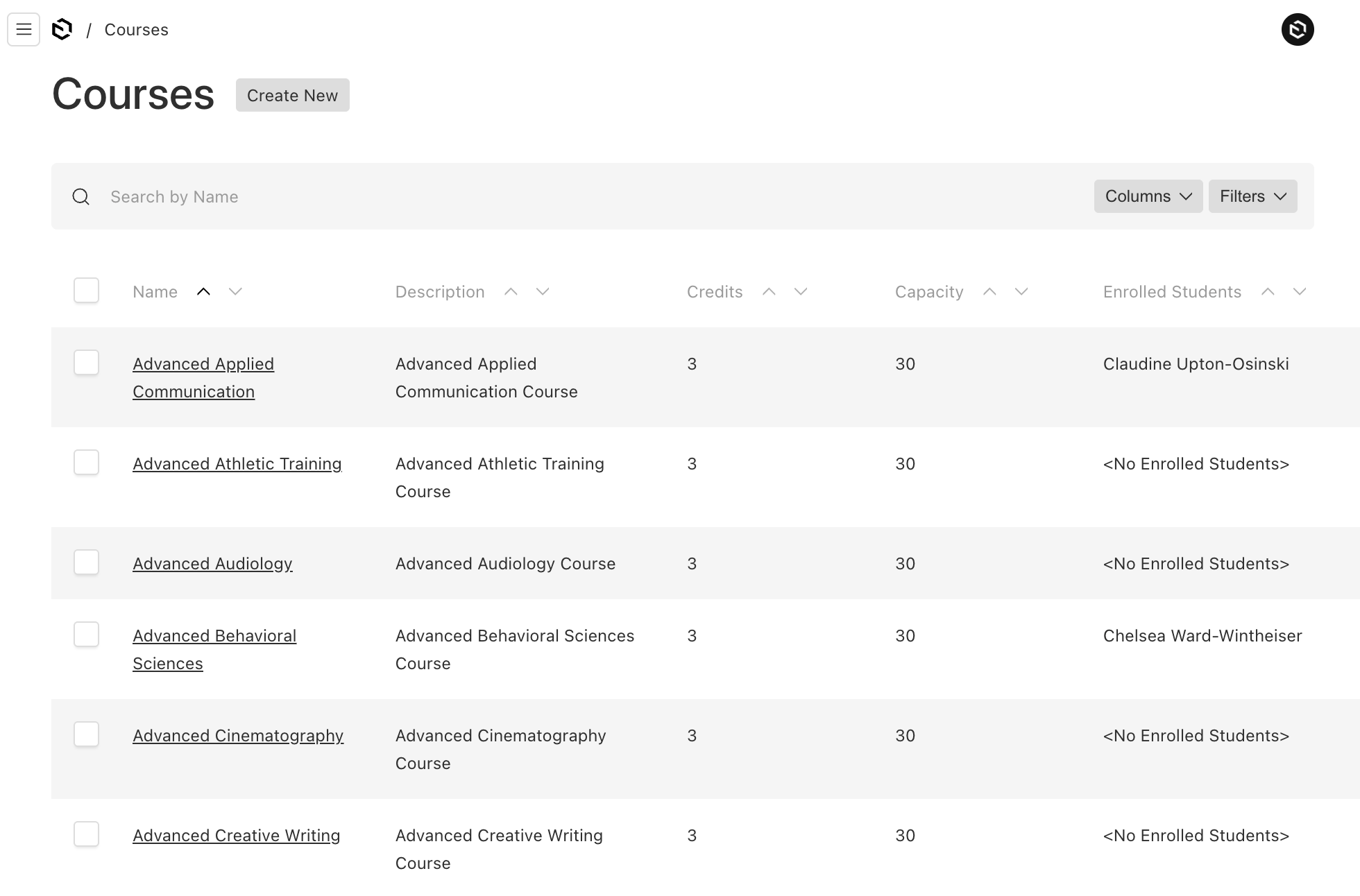 Shows a table list of courses in Payload Admin UI