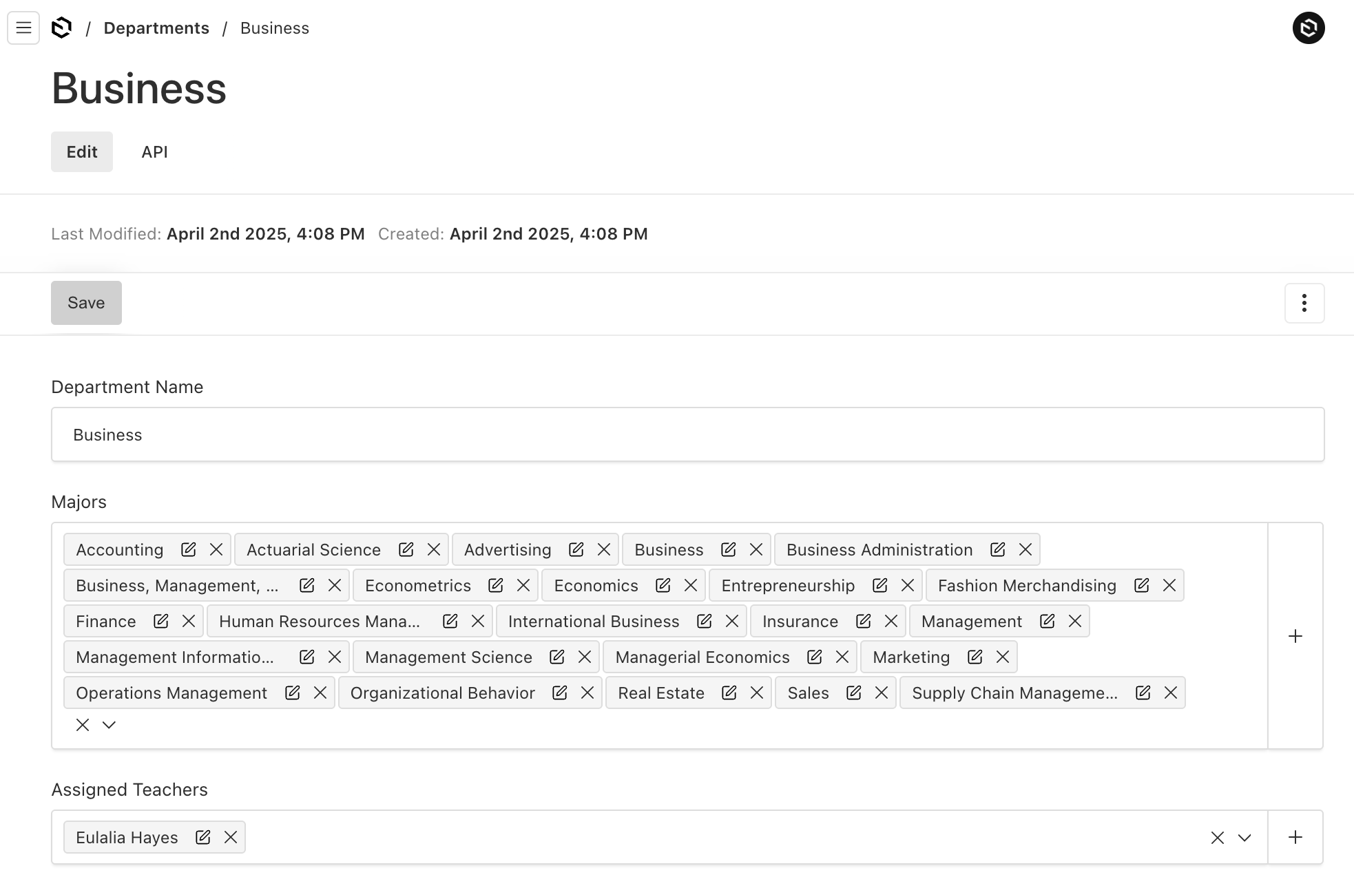 Shows a department collection edit form in Payload Admin UI