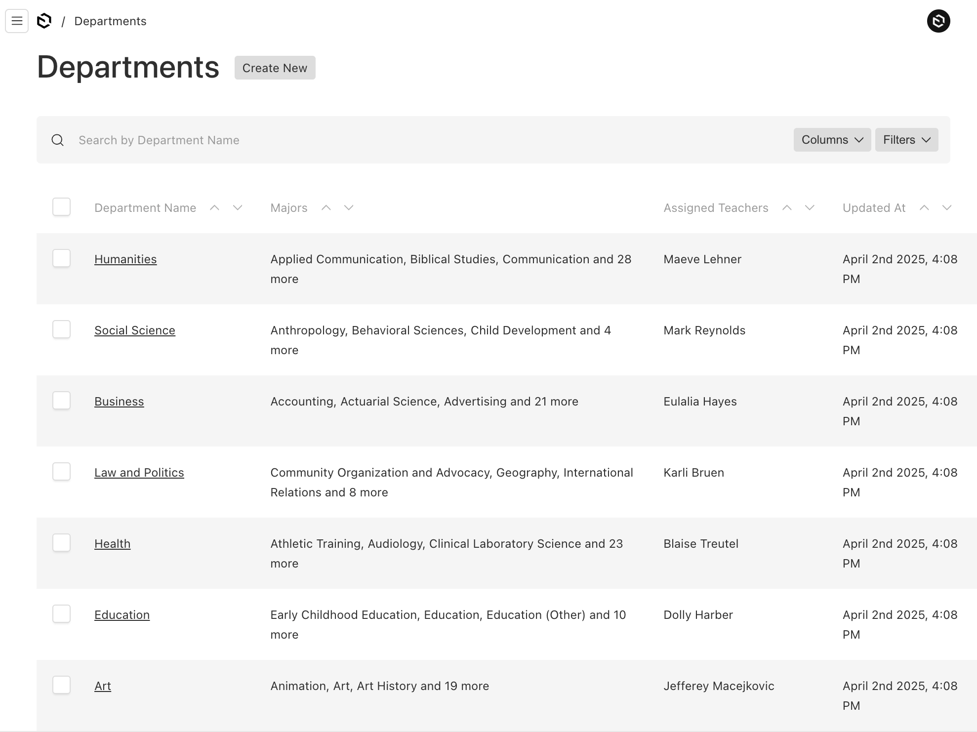 Shows a table list of school departments in Payload Admin UI