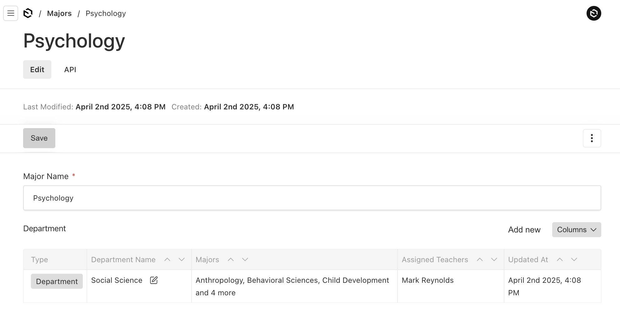 Shows a school major collection edit form in Payload Admin UI