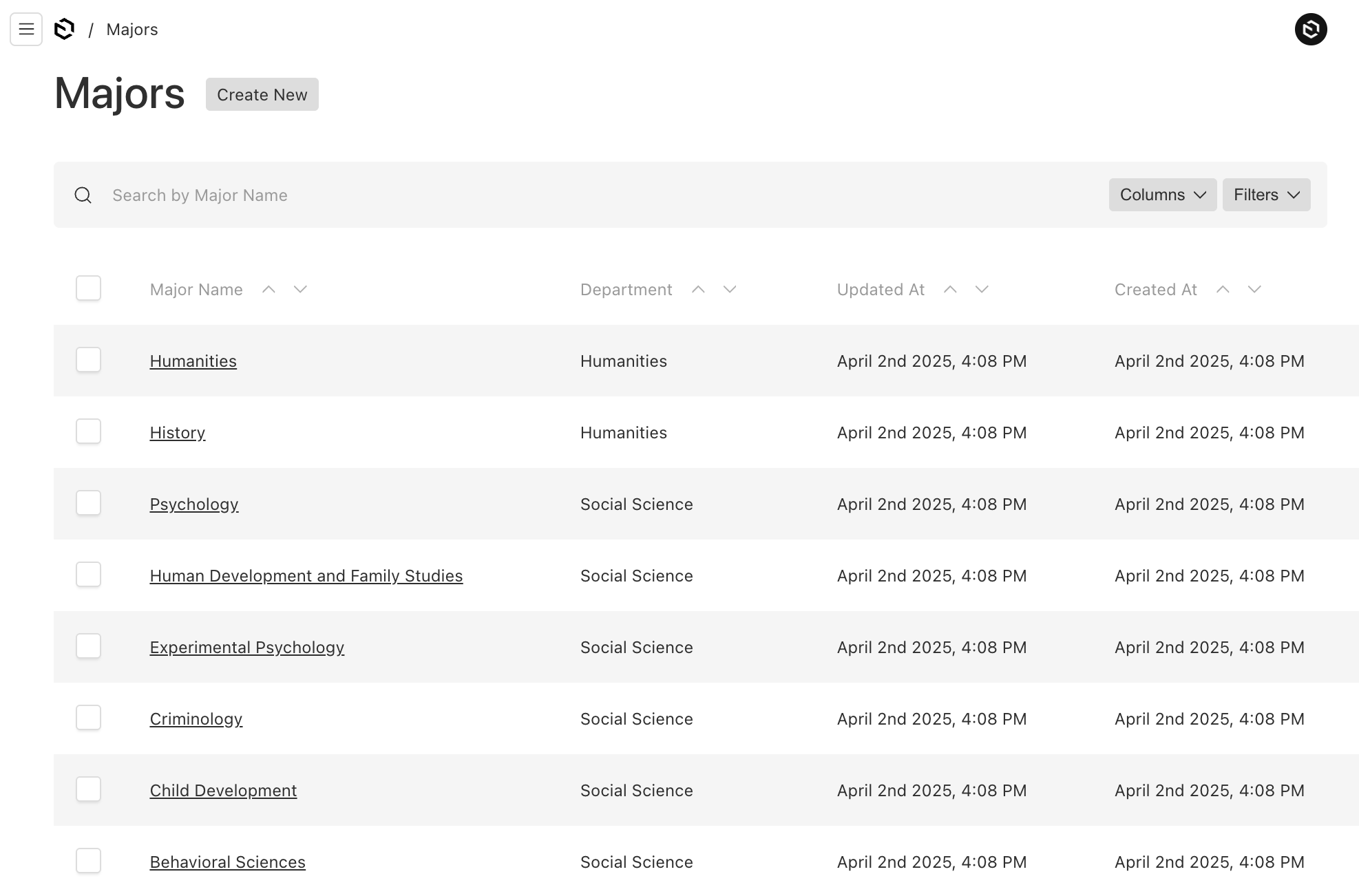 Shows a table list of school majors in Payload Admin UI