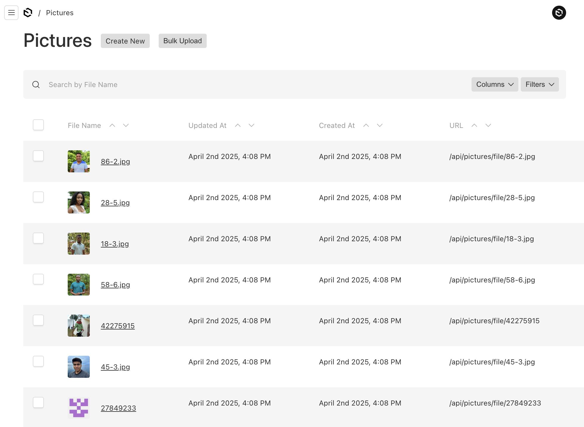 Shows a table list of student and teacher picture uploads in Payload Admin UI