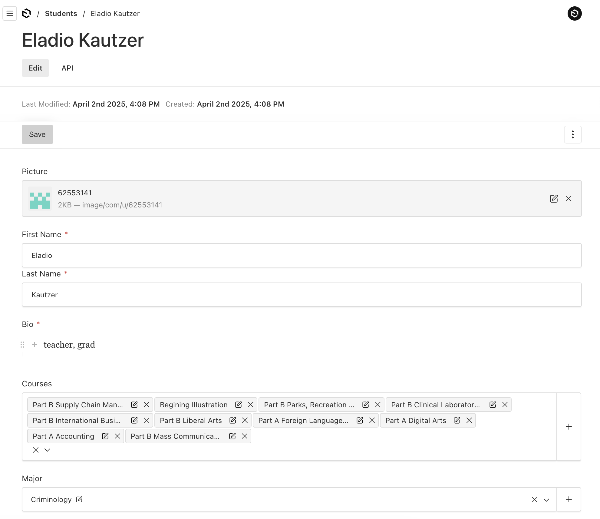 Shows a student collection edit form in Payload Admin UI