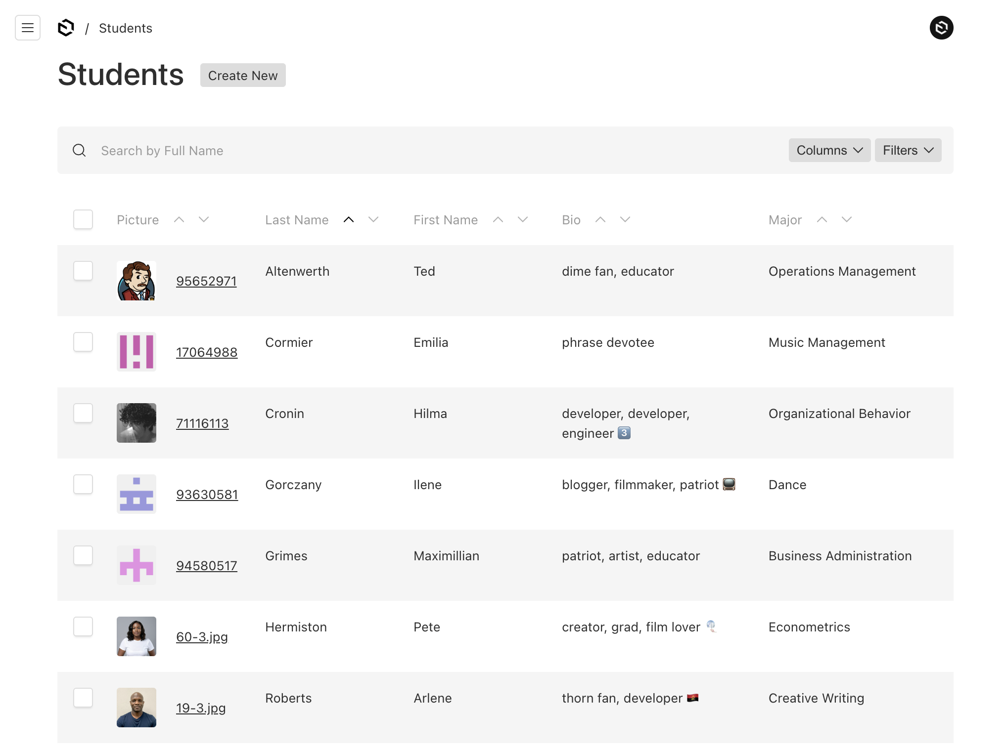 Shows a table list of registered students in Payload Admin UI