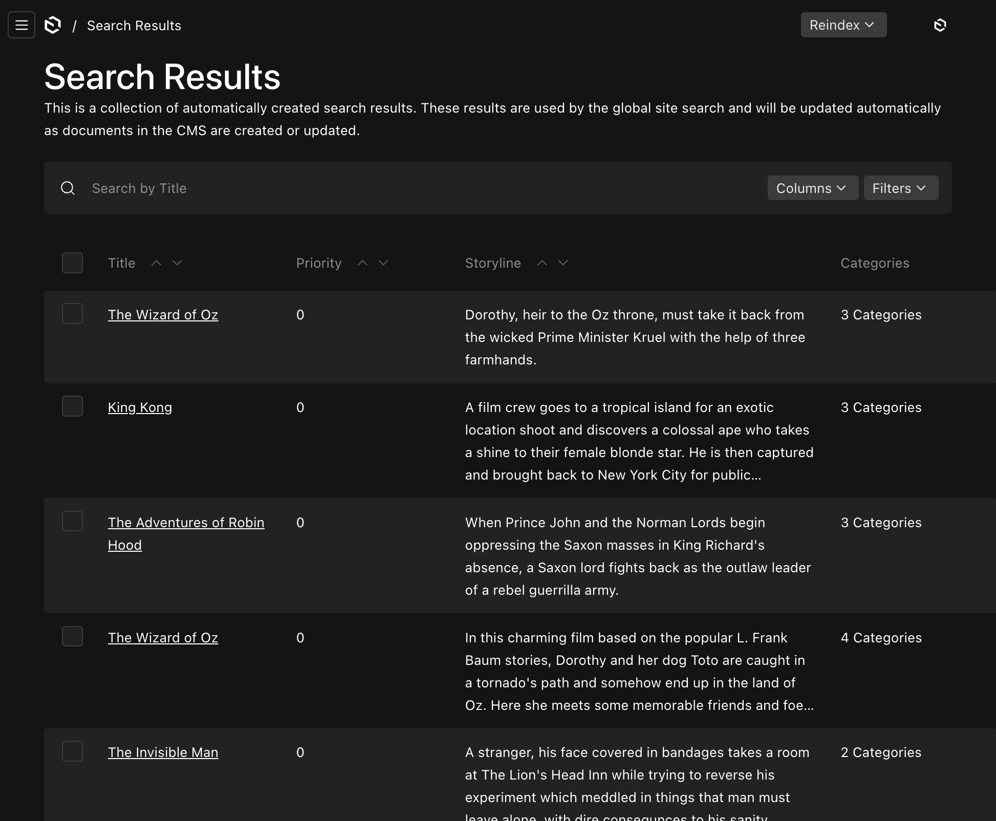 Shows the default admin table listing view of the search plugin collection.