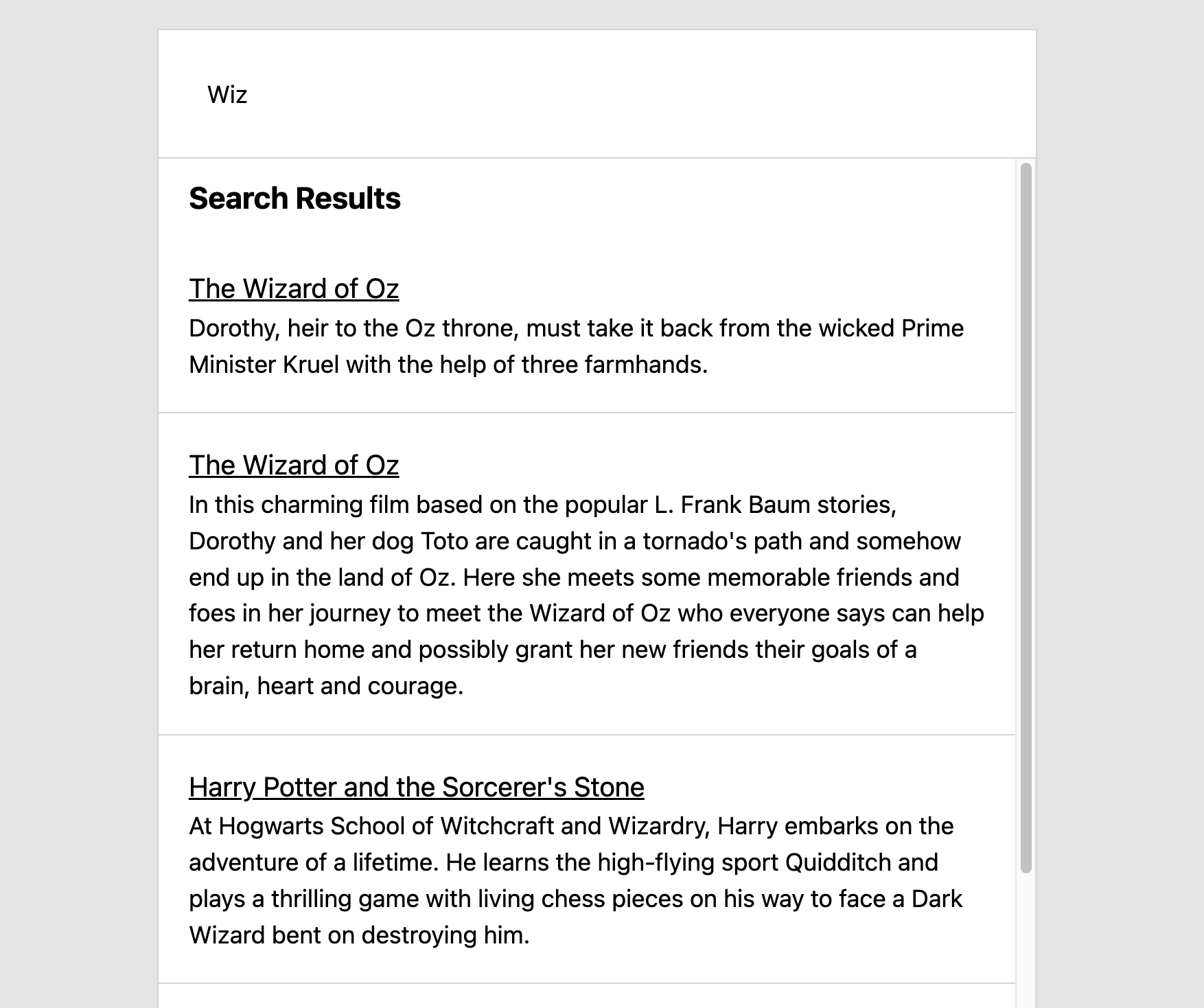 Shows a search bar component listing movie query results.