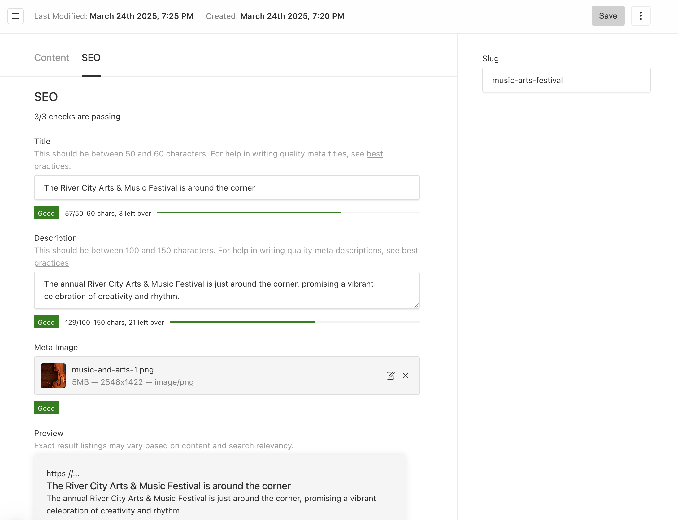 Shows the default SEO fields that are added by Payload CMS SEO plugin to a Collection