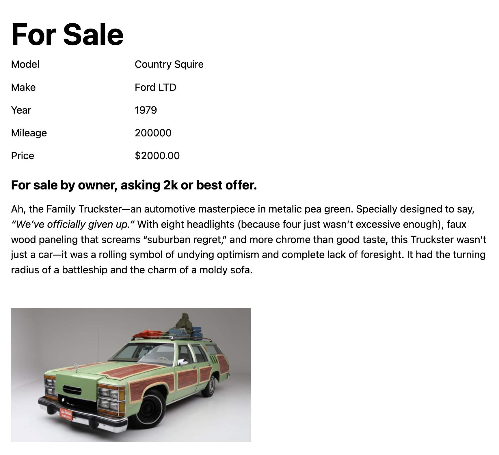 Shows a web page displaying some car details and images in a simple for sale Ad.