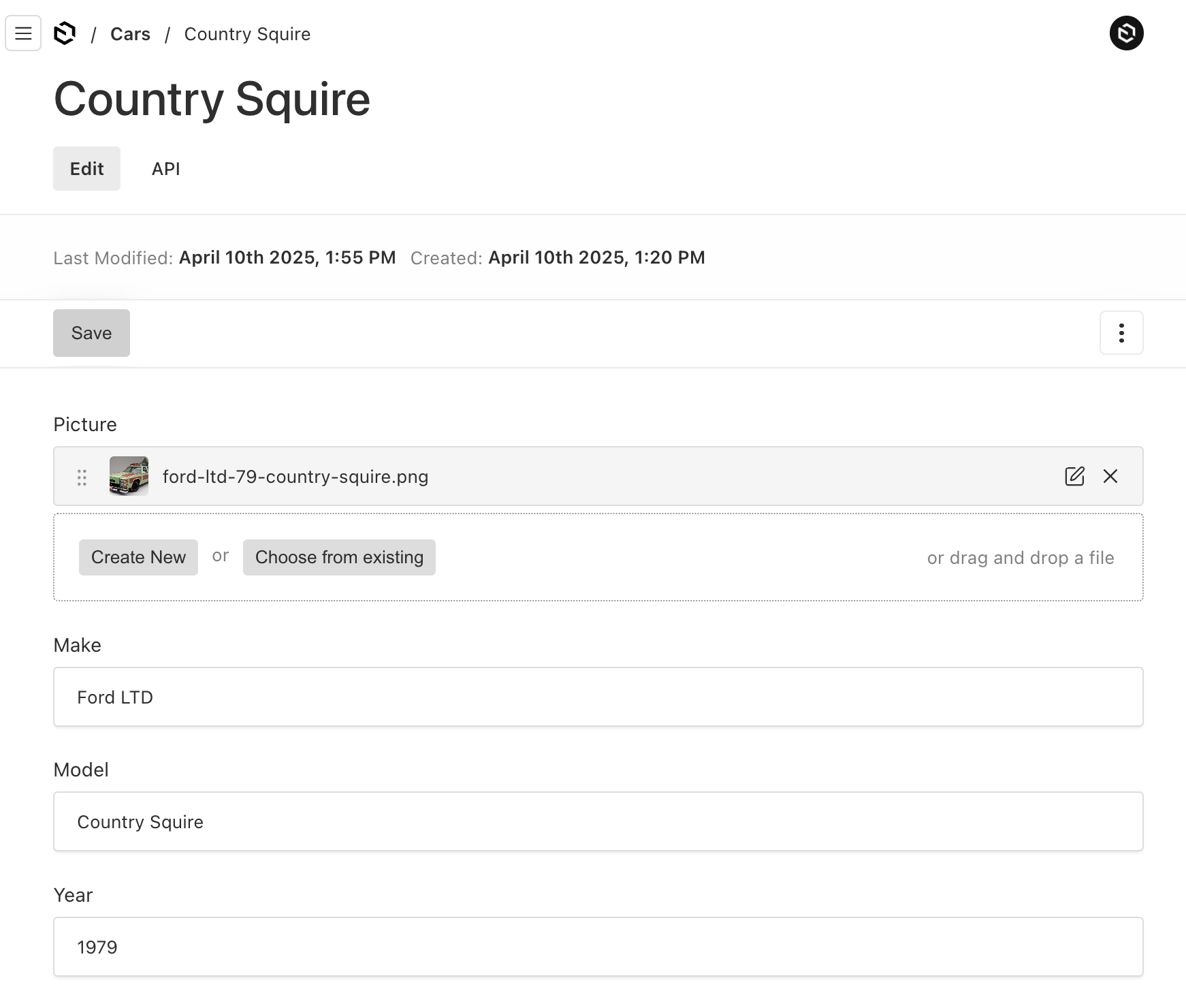 A Payload CMS admin form to upload an image and car details.