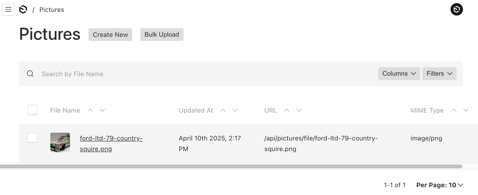 A Payload CMS admin UI table list of uploaded car pictures.