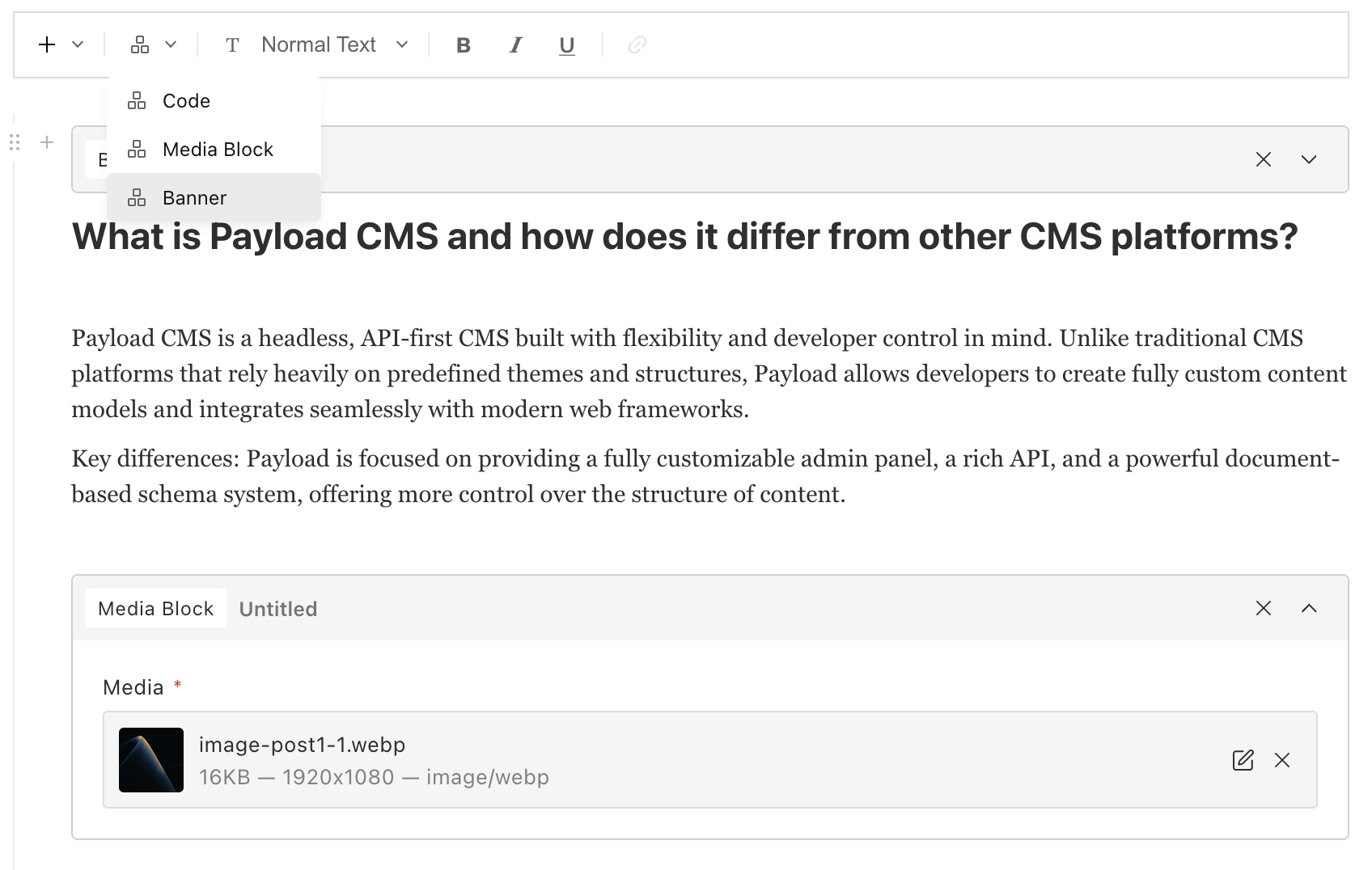 Shows a Lexical rich text editor showing how to select custom content blocks.