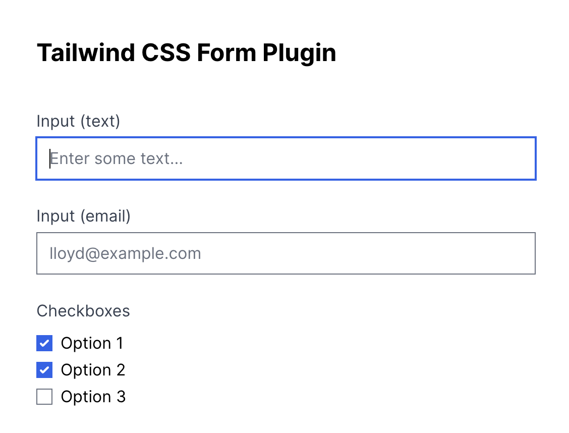Shows a form box with two text fields and checkboxes styled with tailwind CSS form plugin default styles