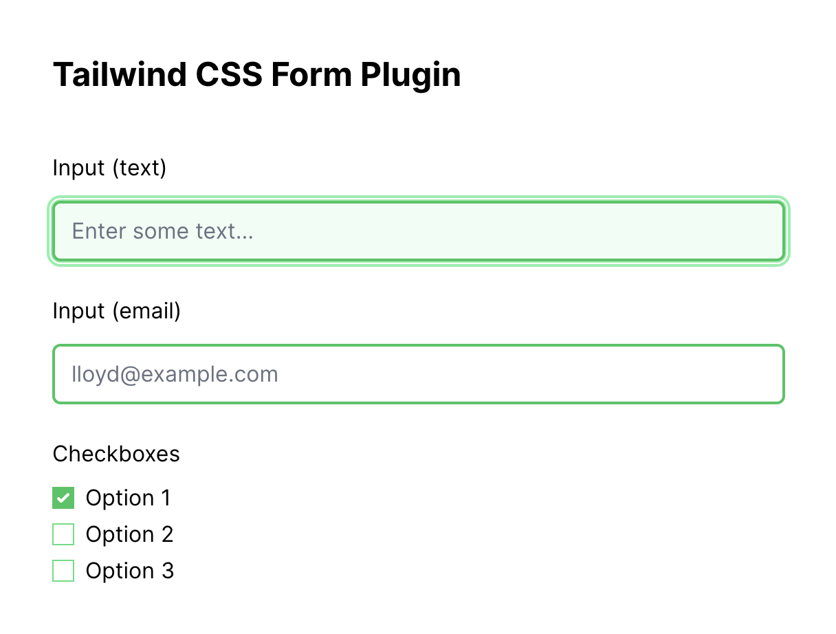 Shows a form box with two text fields and checkboxes styled with inline utility classes with a light green hue