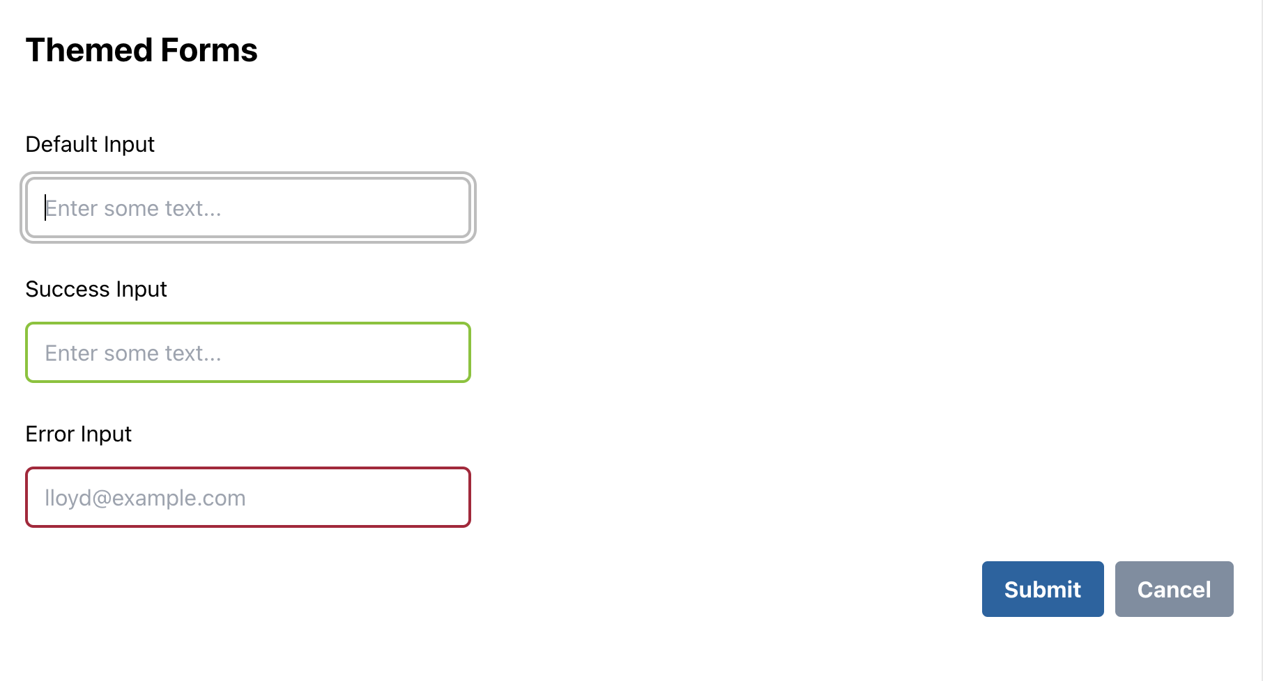 Shows a page with some sample buttons, card and alerts using a tailwind custom theme palette of colors