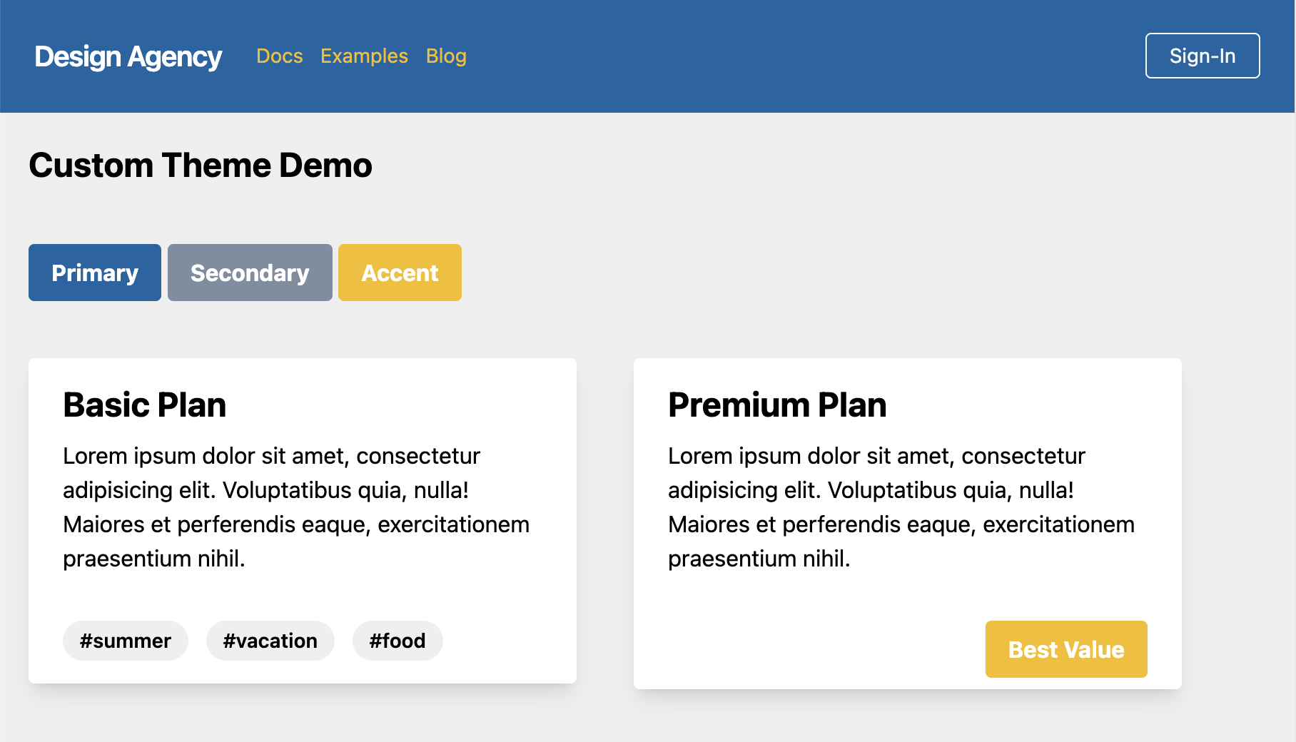 Shows a page with some sample buttons, card and alerts using a tailwind custom theme palette of colors